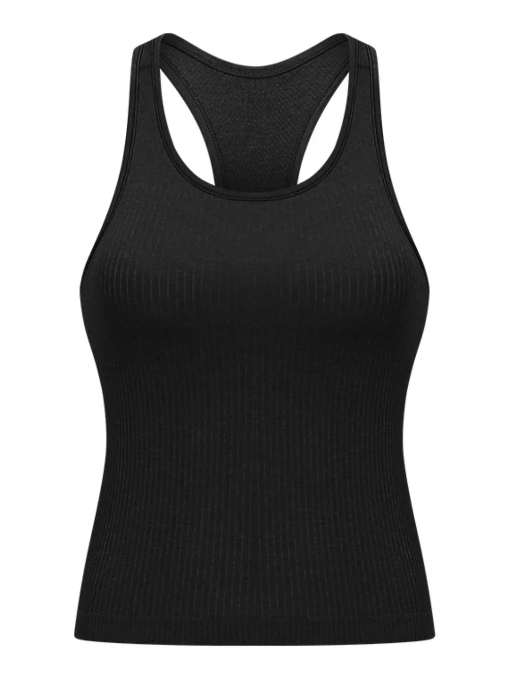 Black round-neck racerback active tank top, sleeveless ribbed knit