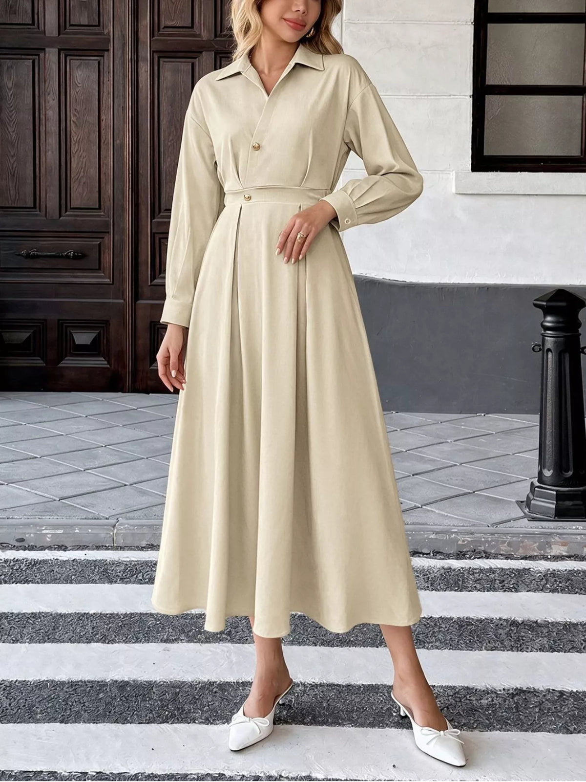 Khaki ruched pleated button shirt dress with long sleeves and belted waist