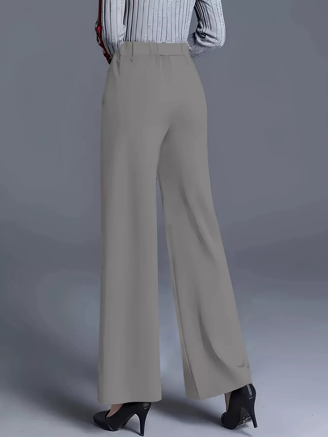 Wide-leg pants with high waist in soft beige-gray, smooth front and wide straight hem