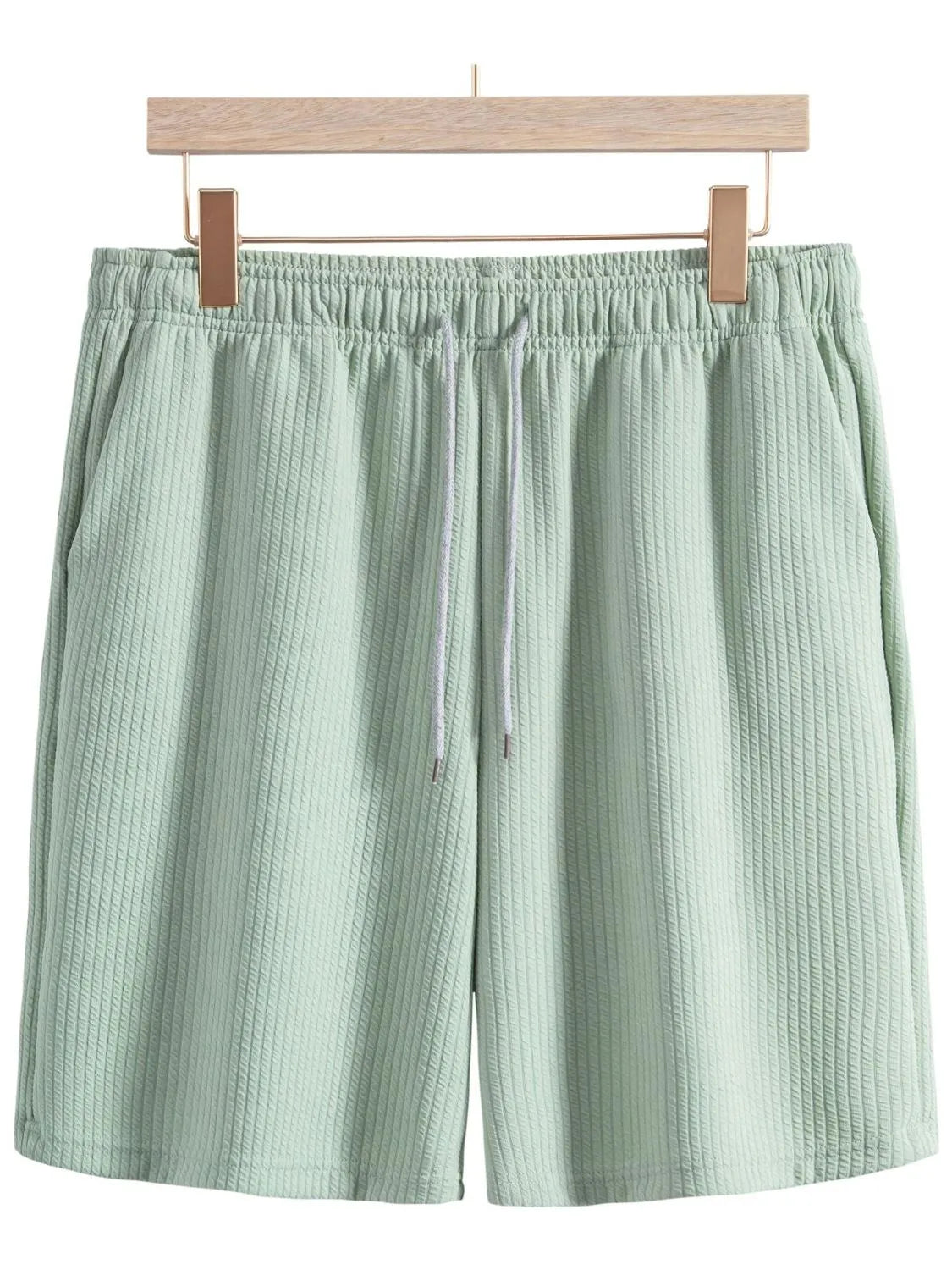 Mint green ribbed elastic waist shorts with drawstring
