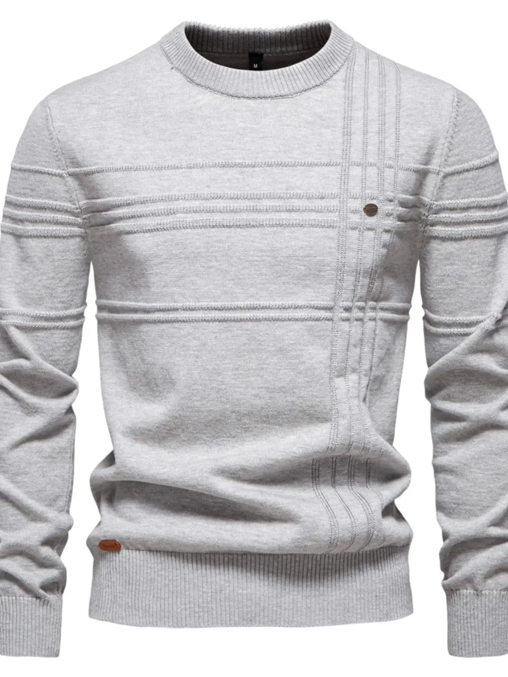 Dark gray men’s round-neck striped knit sweater with ribbed cuffs and button-detail