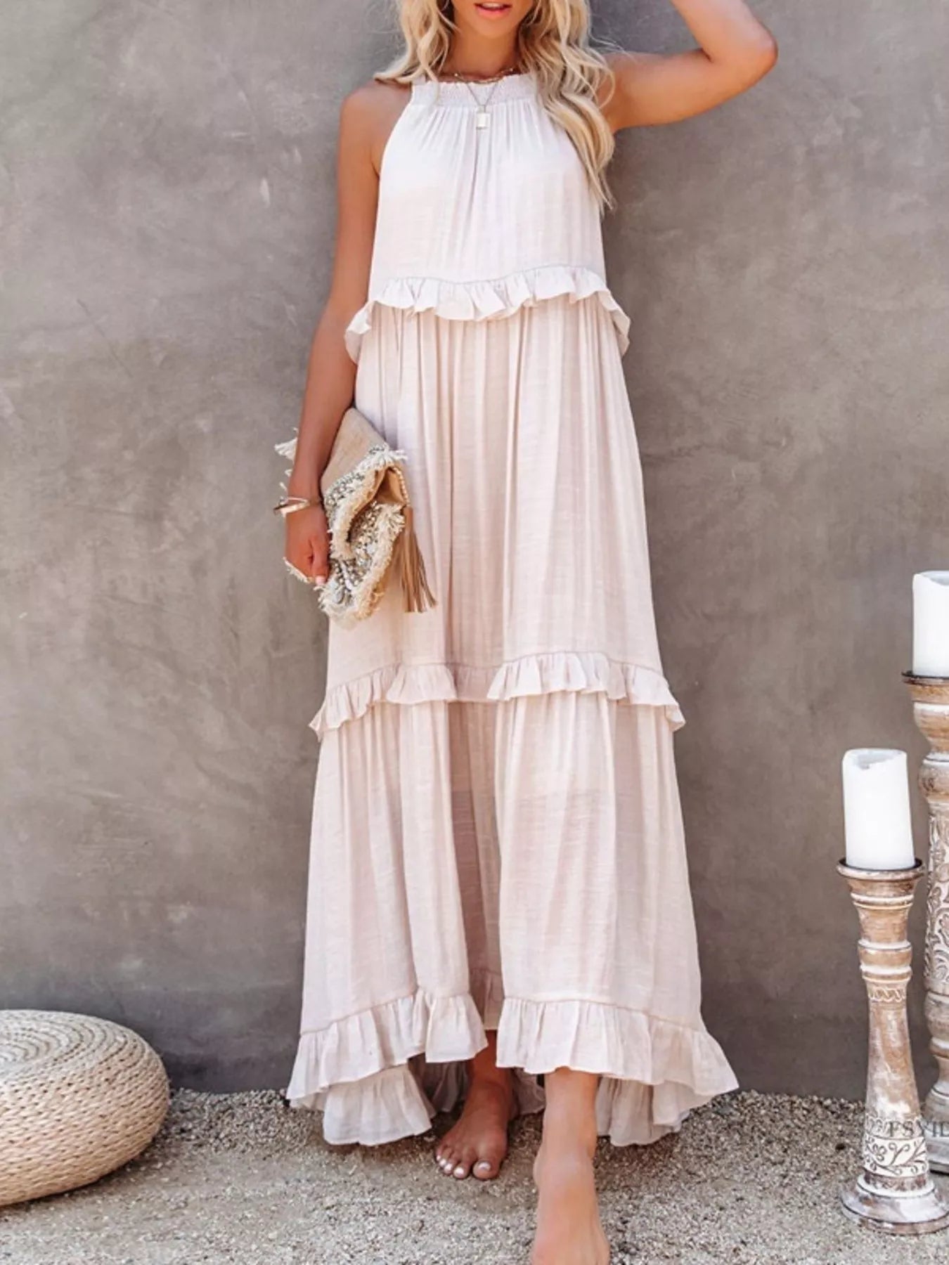 White ruffled tiered sleeveless maxi dress with layered ruffle skirt