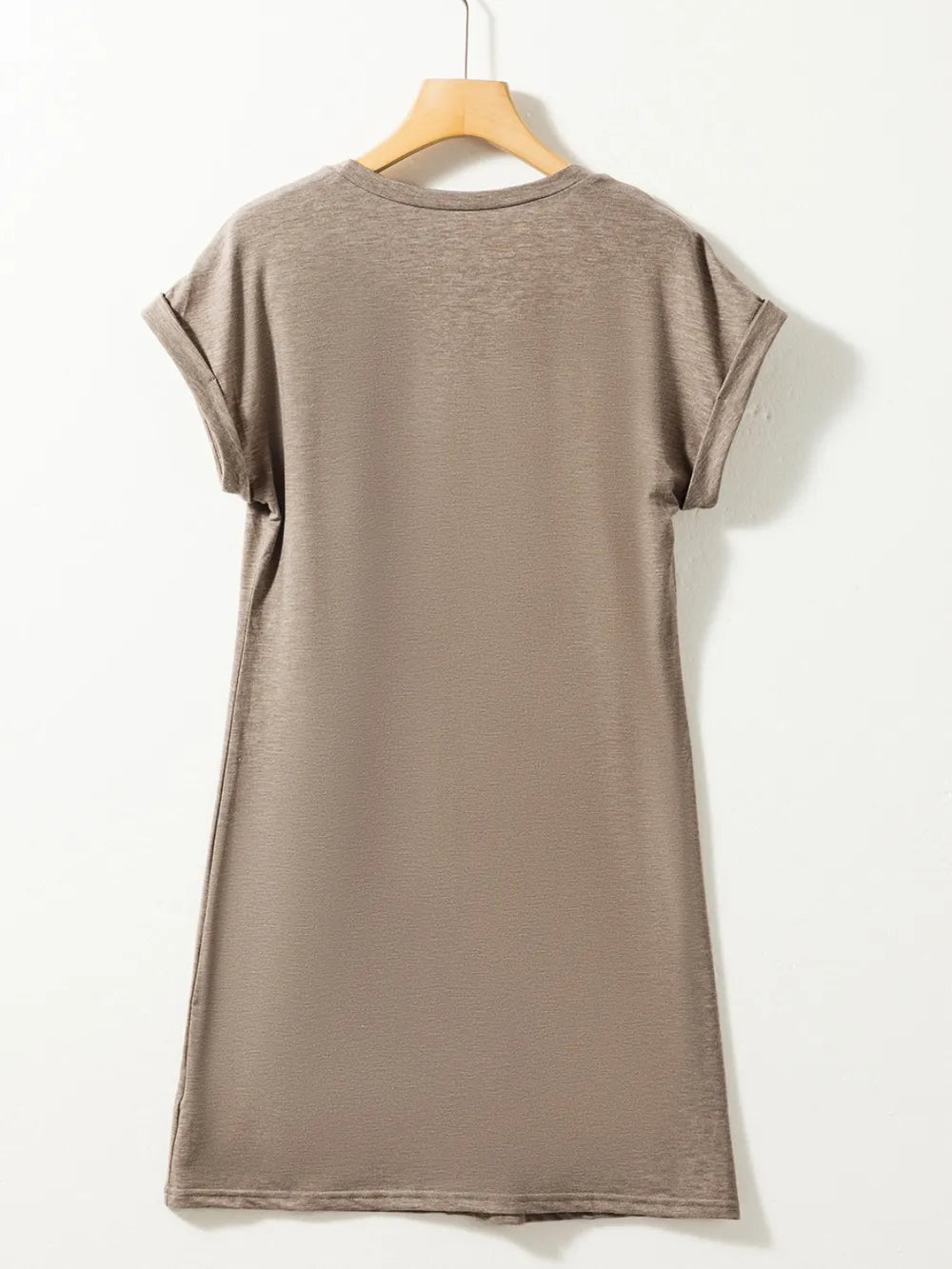 Mocha round-neck mini dress with short sleeves, back view