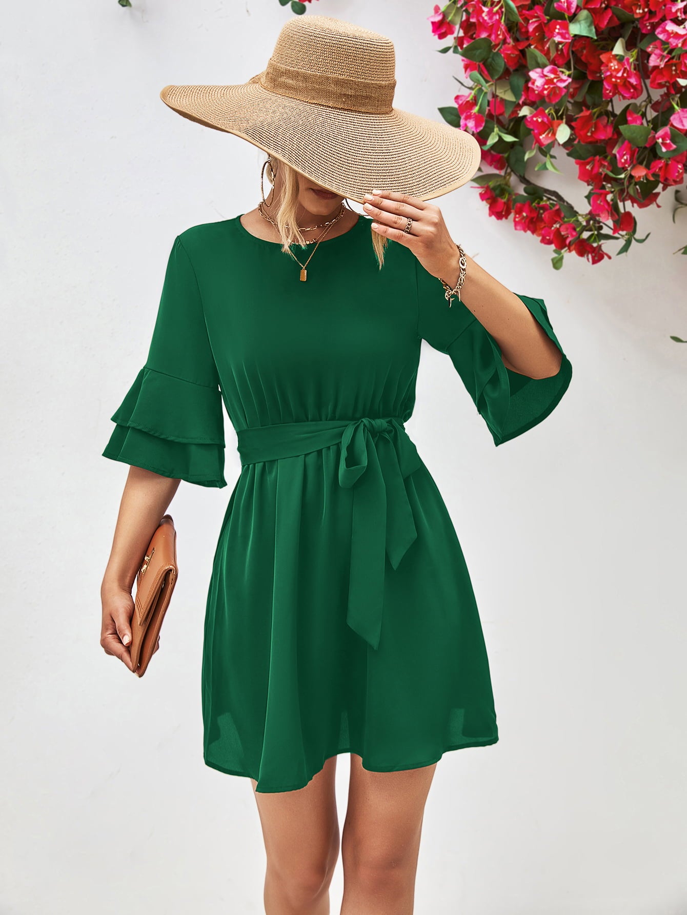 Forest green round-neck dress with tie belt and flounce sleeves, gathered waist