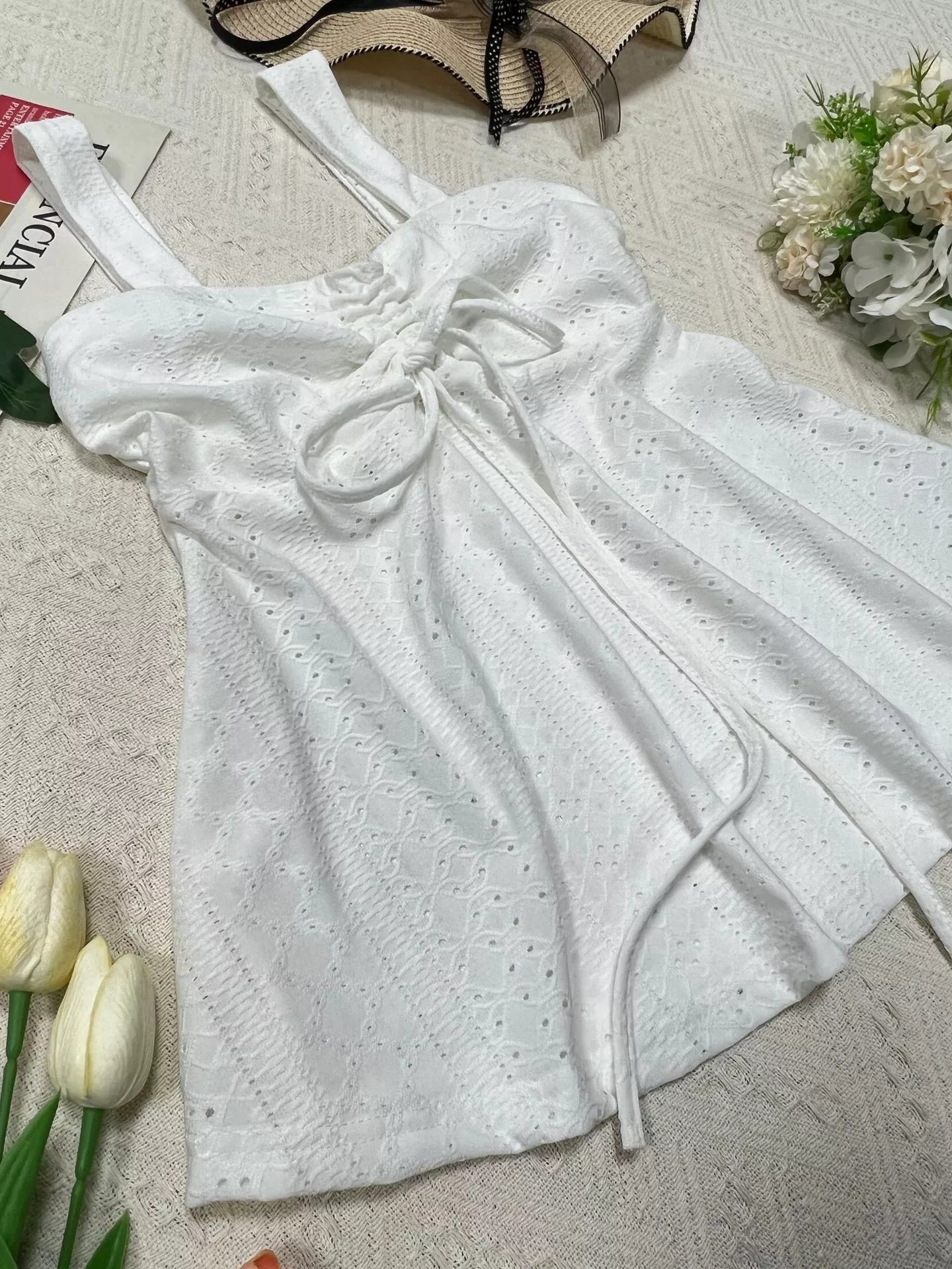 Cedar & Moore Eyelet Embroidered Drawstring Cami Top by Trendsi in white eyelet fabric