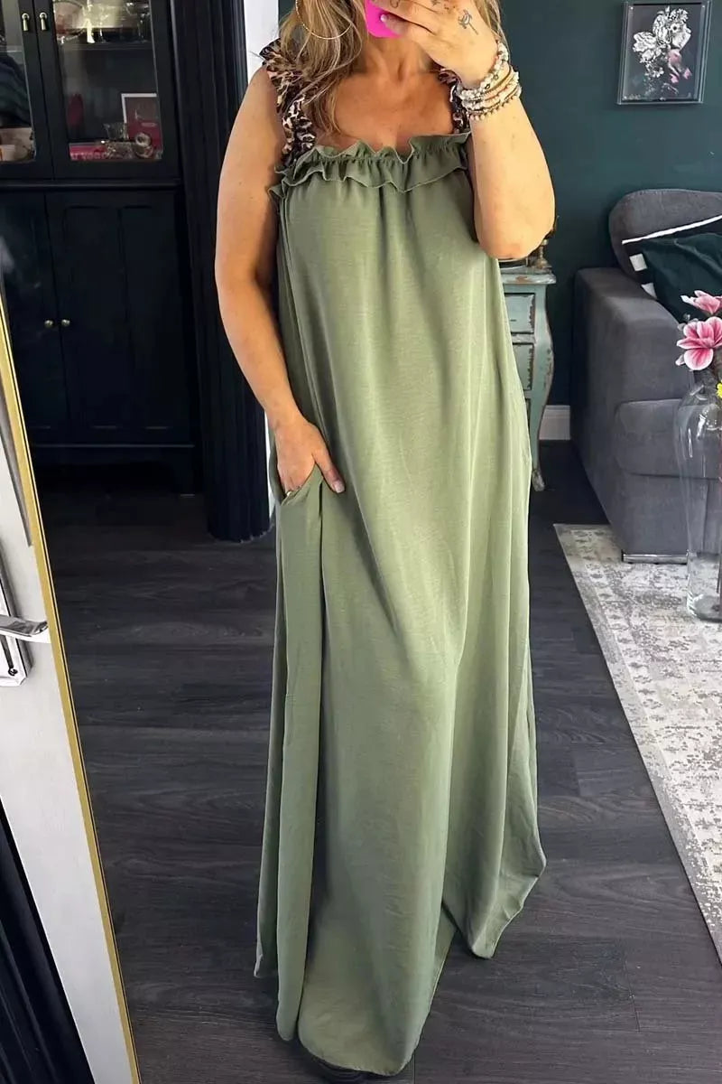 Full Size Ruffled Strap Flowy Maxi Dress Plus Size in olive green with pockets by Trendsi