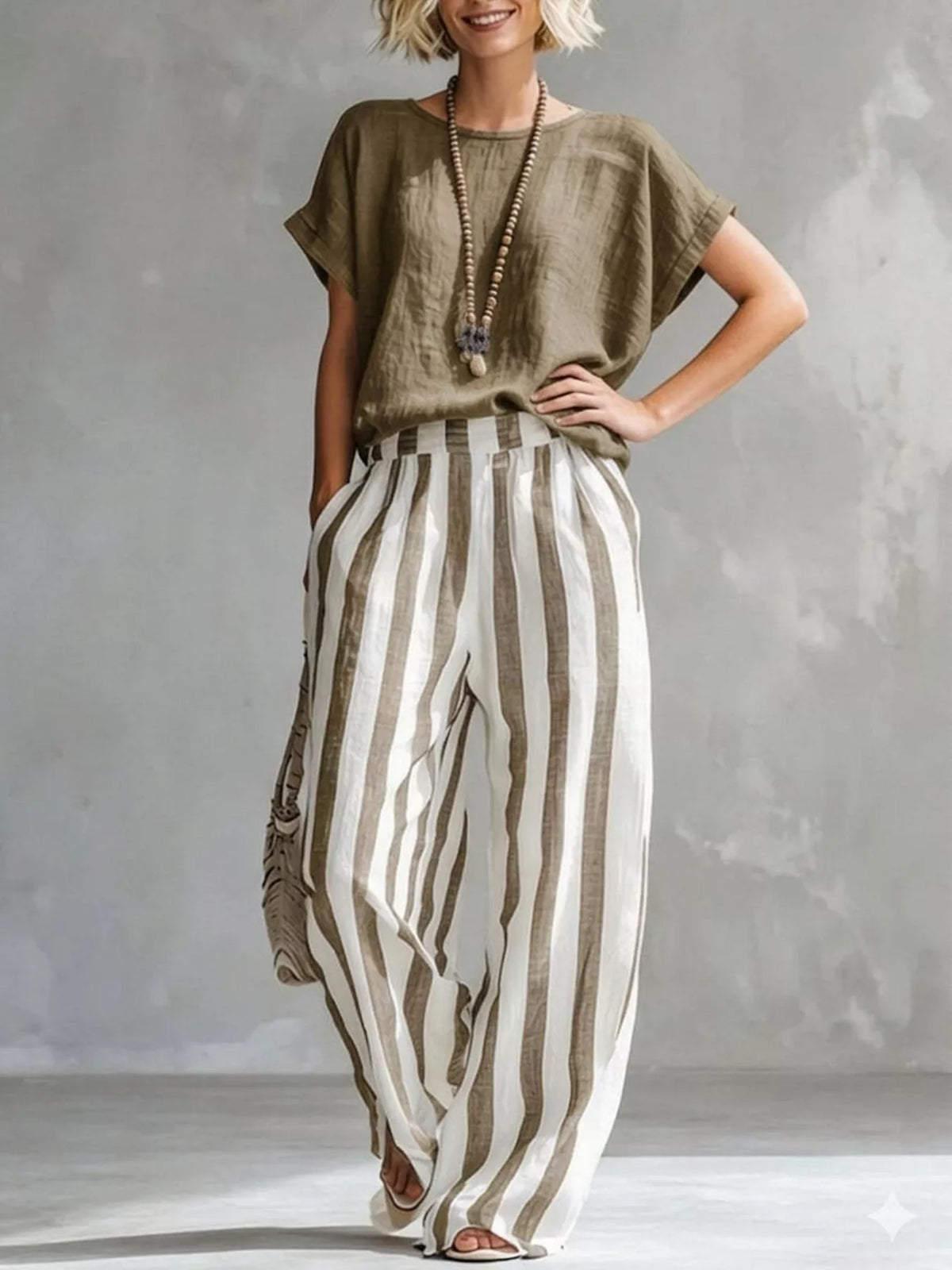 Brown short-sleeve top with wide-leg pants in vertical white-and-brown stripes