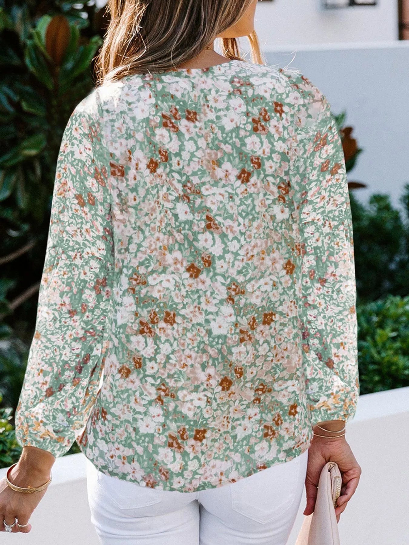 Cedar & Moore Floral print long-sleeve blouse, green with white/brown flowers, plus size