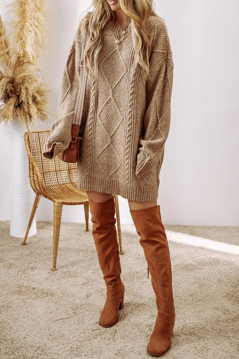 Tan cable-knit round neck sweater dress, long sleeves, diamond cable texture