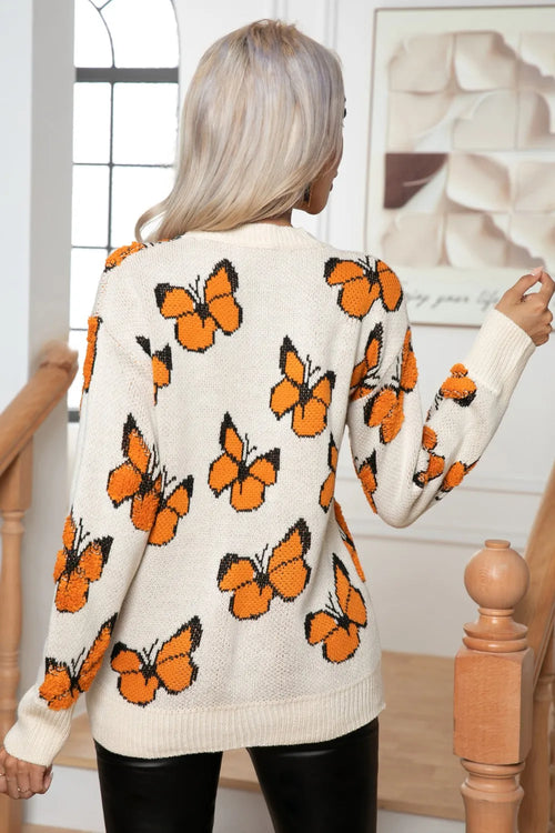 Ivory round-neck long-sleeve sweater with orange butterfly print on back