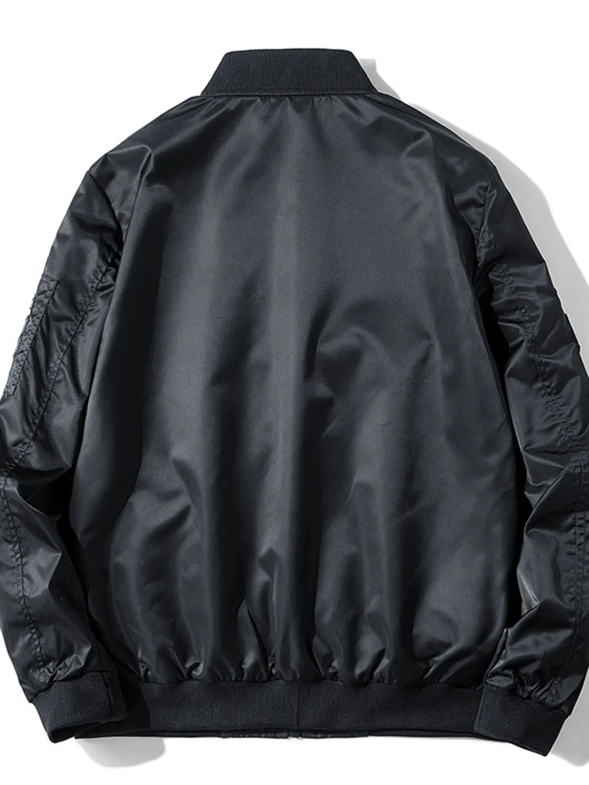 Men's black bomber jacket back view with ribbed hem and snap-button cuffs
