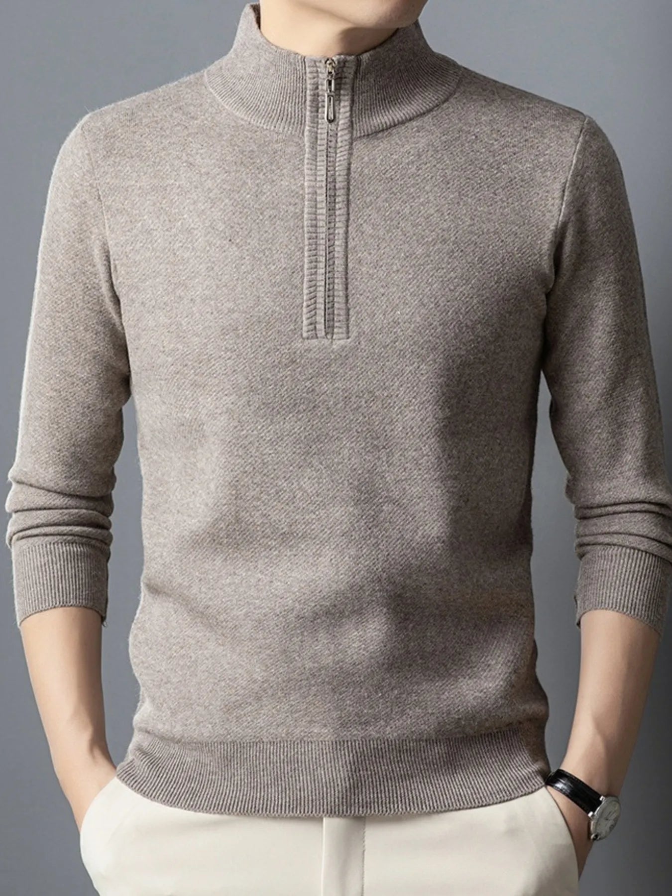 Quarter-zip long-sleeve sweater in light gray with ribbed half-zip collar