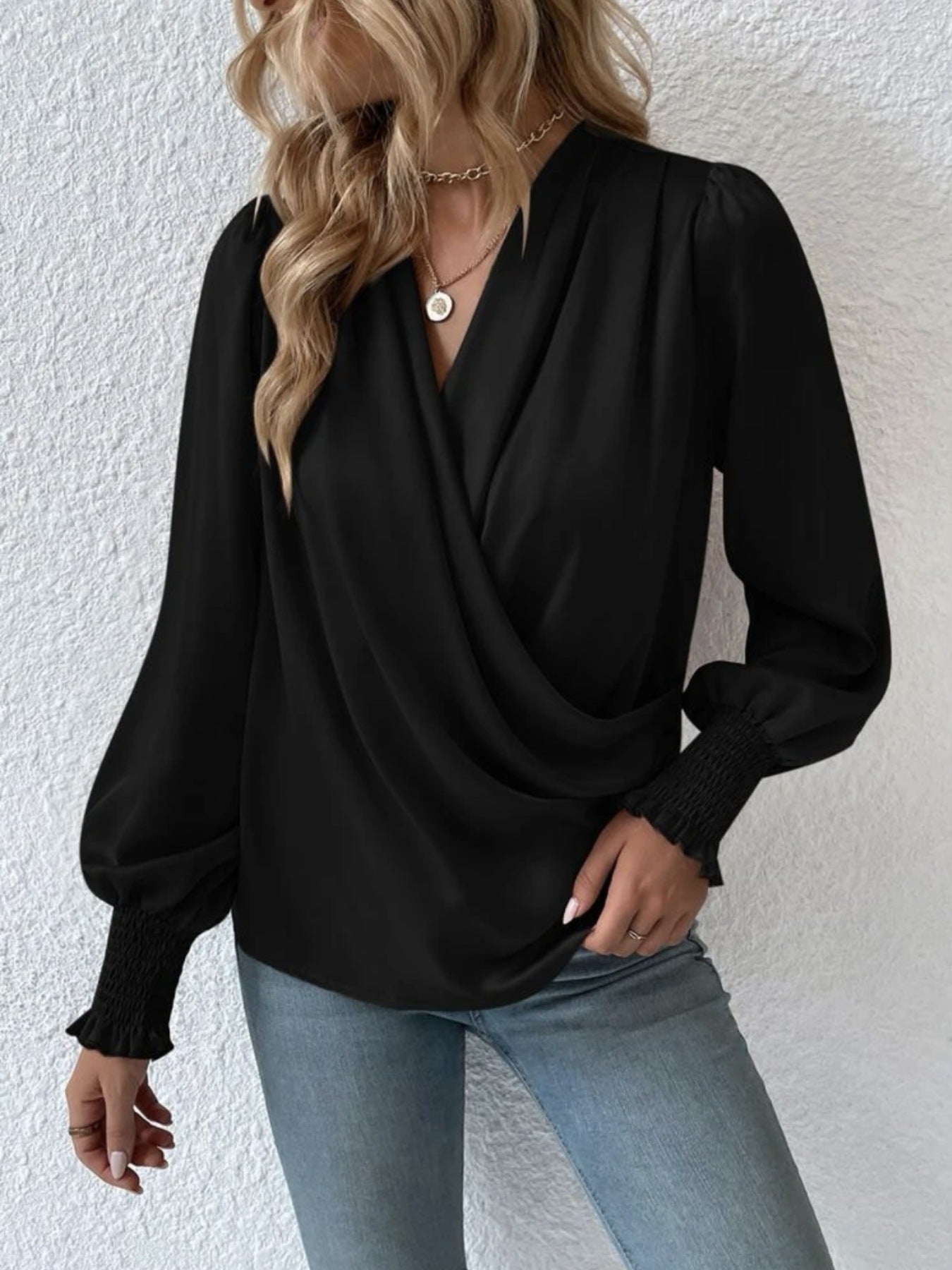 Ruched Surplice Long Sleeve Blouse, black with draped front.