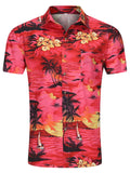 Men's button-up shirt with red tropical floral and leaf print, short sleeves.