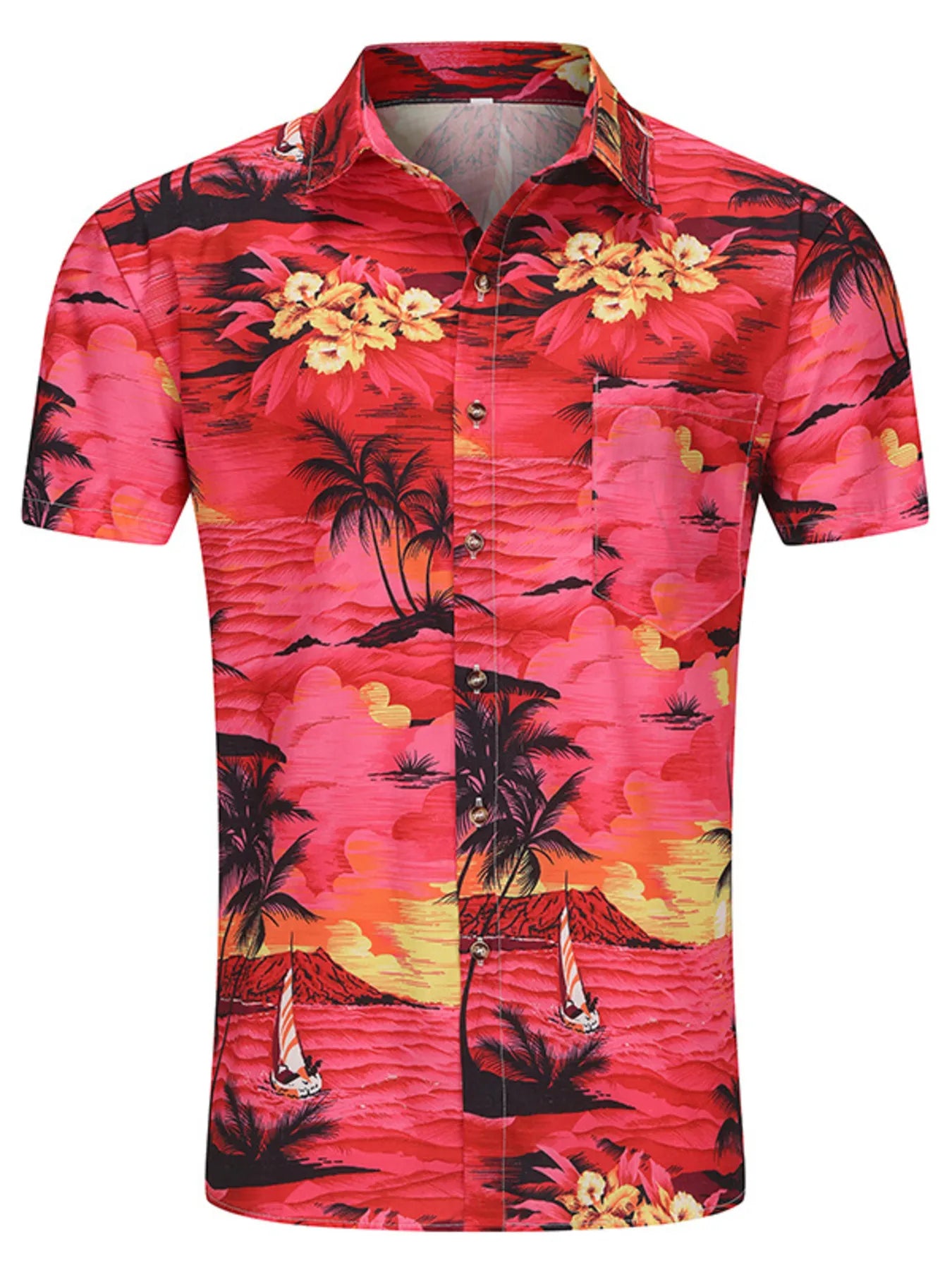Men's button-up shirt with red tropical floral and leaf print, short sleeves.