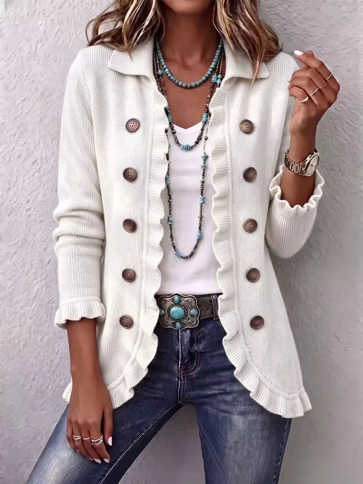 White ribbed ruffled button cardigan sweater with brown buttons
