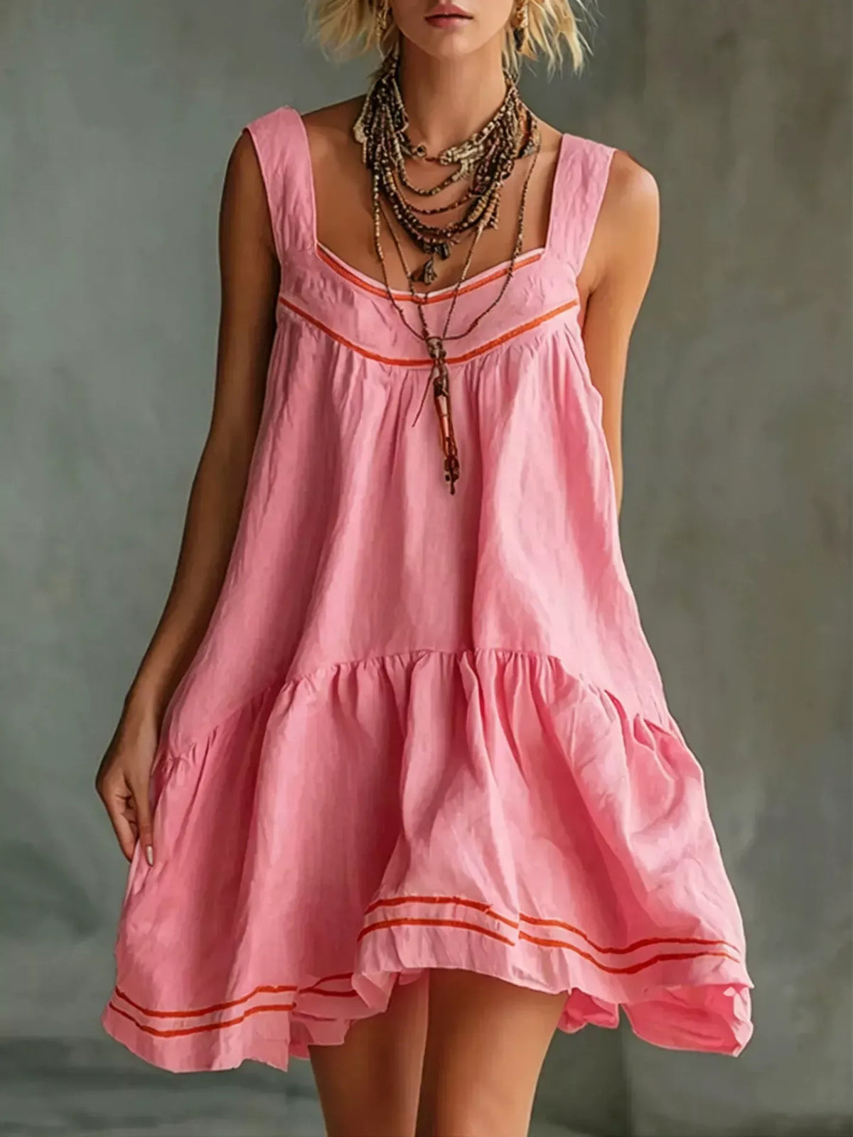 Pink sleeveless tiered ruffle mini dress with orange trim and gathered layered skirt
