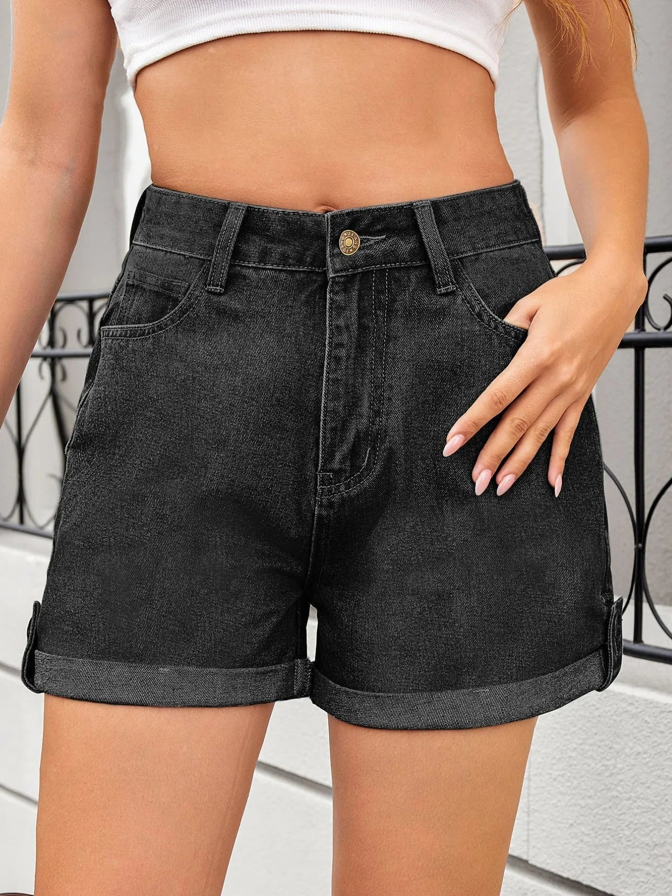 Black gray high waist denim shorts with rolled hem and button closure