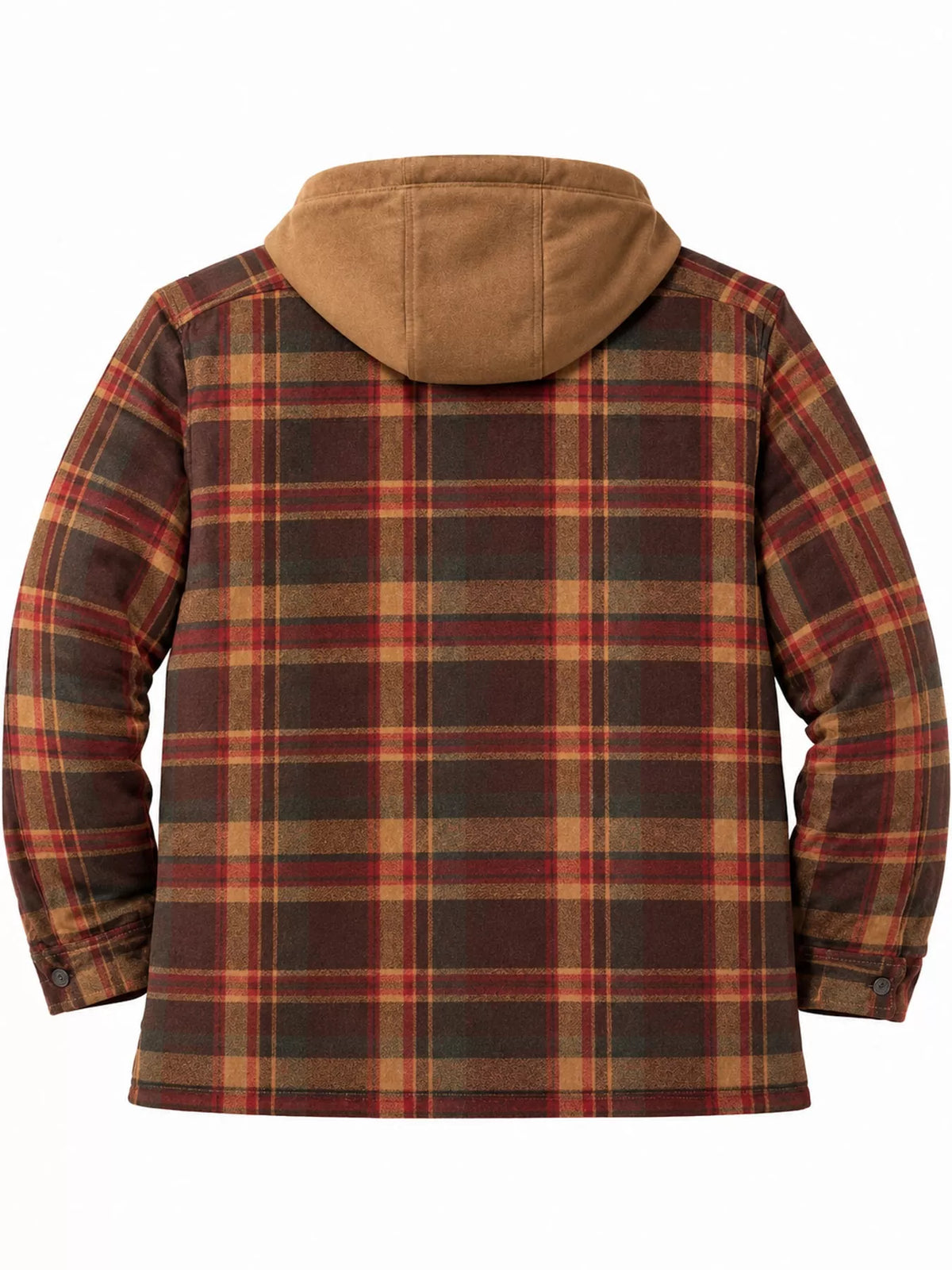 Men's plaid hooded quilted jacket back view with tan hood and full-length lining