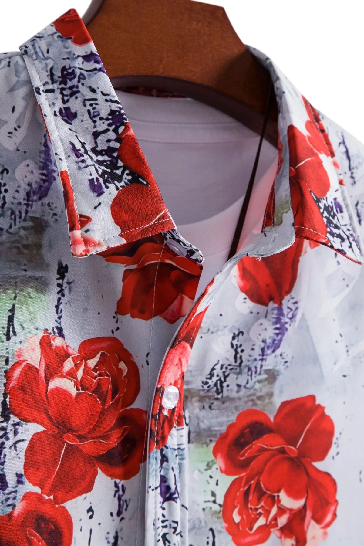 Floral short-sleeve button-up shirt with open collar, red roses on white