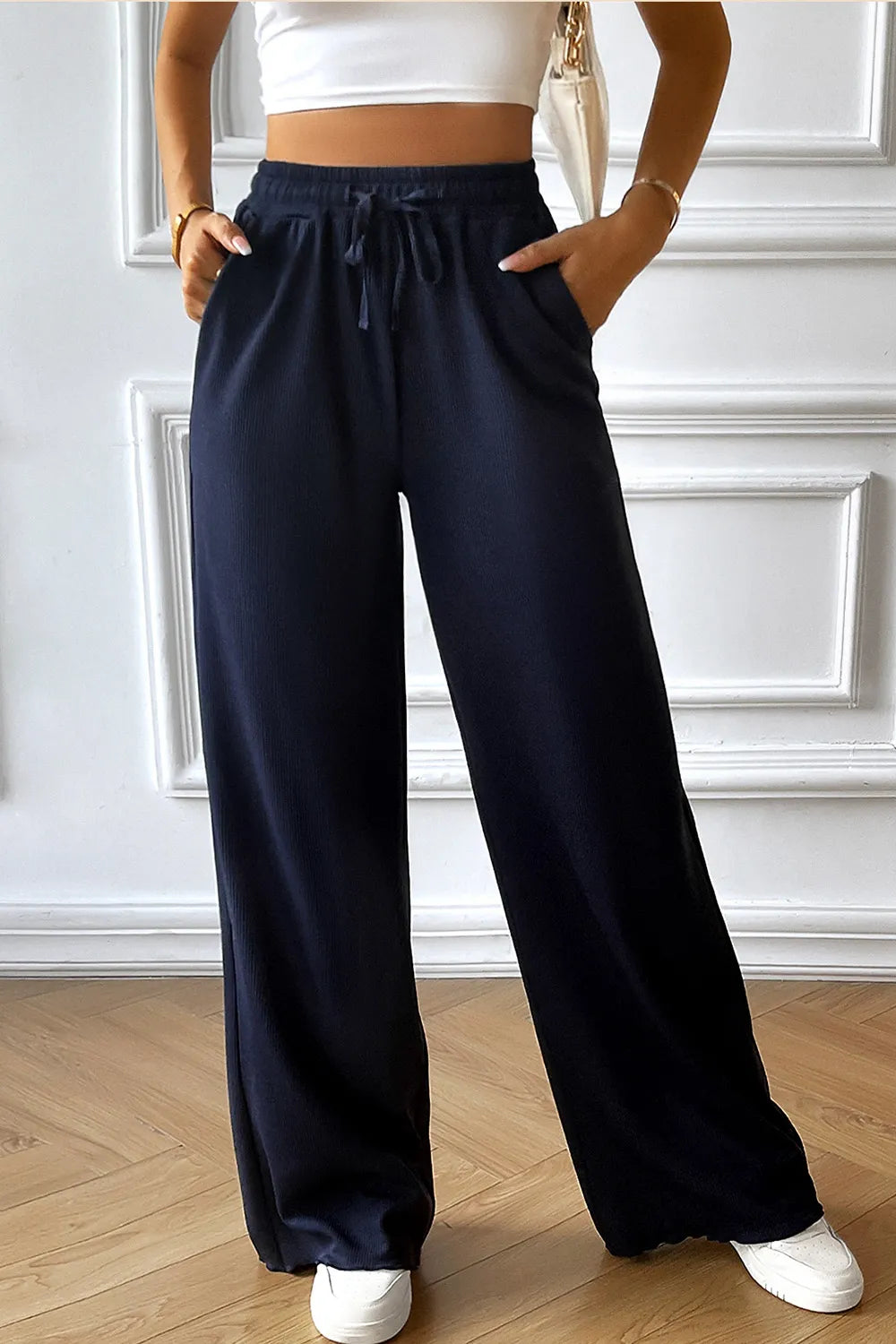 Devine dark blue wide-leg drawstring pants with elastic waistband and full length