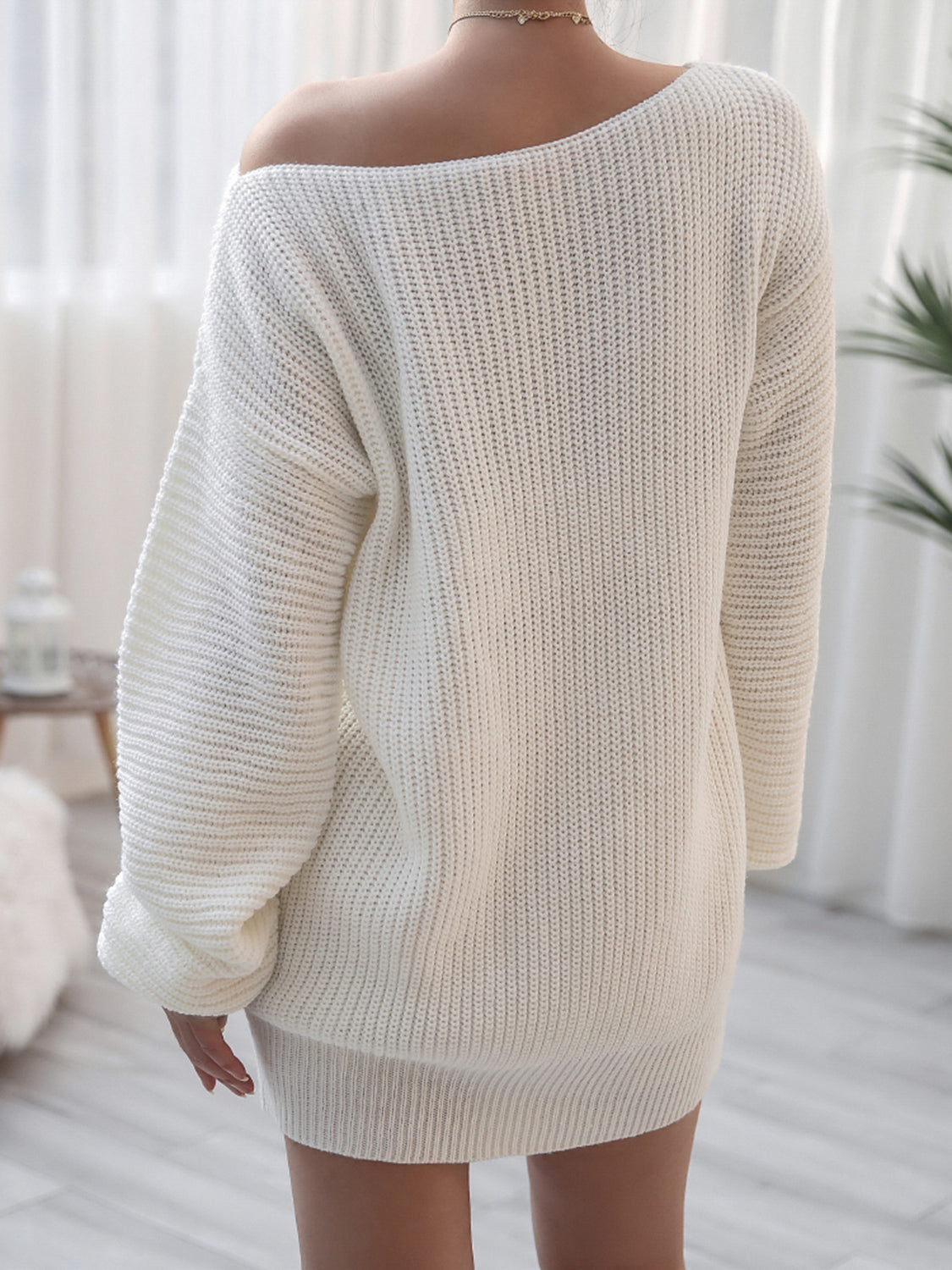 Rib-knit mini sweater dress with wide neckline, cream white, long sleeves.