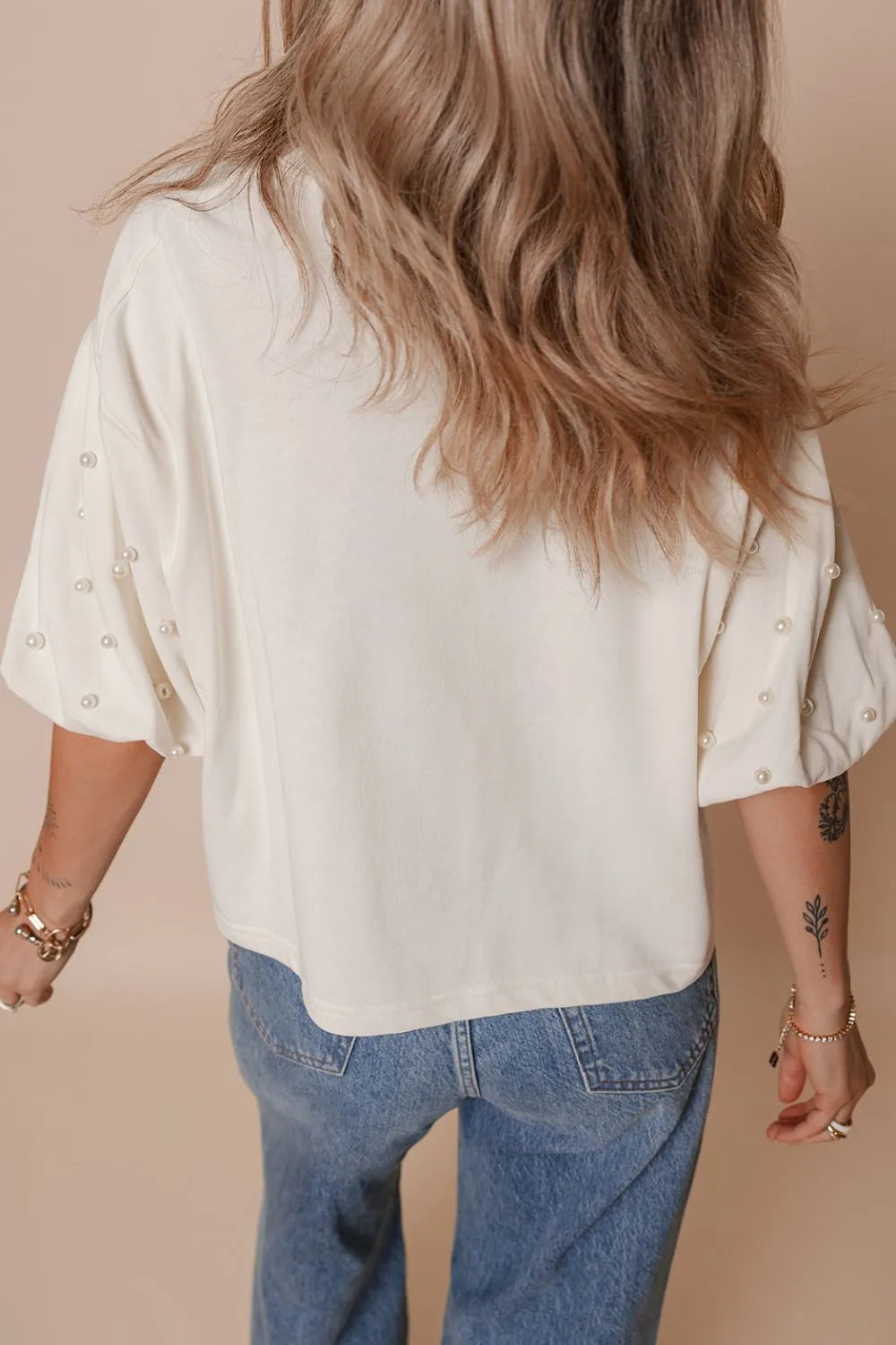 Cedar & Moore white short-sleeve T-shirt with pearl bead sleeve accents