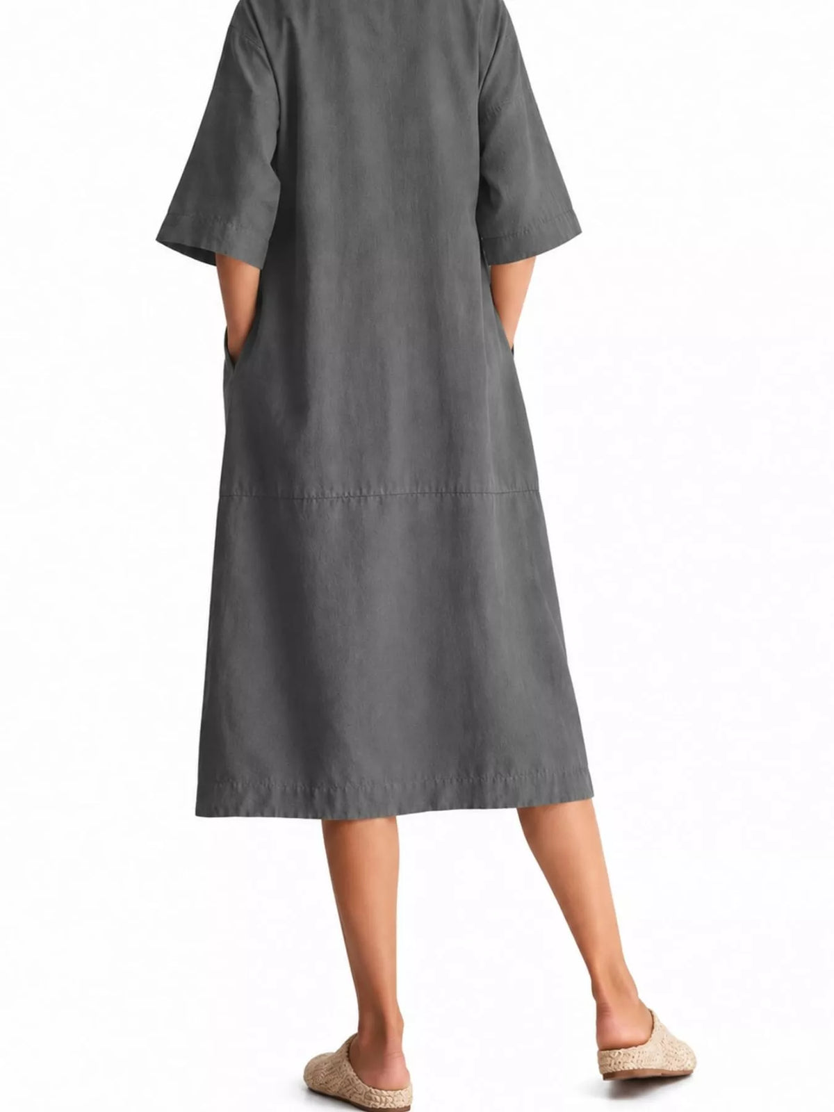 Back view of loose-fit gray linen-blend midi dress with short sleeves and pockets