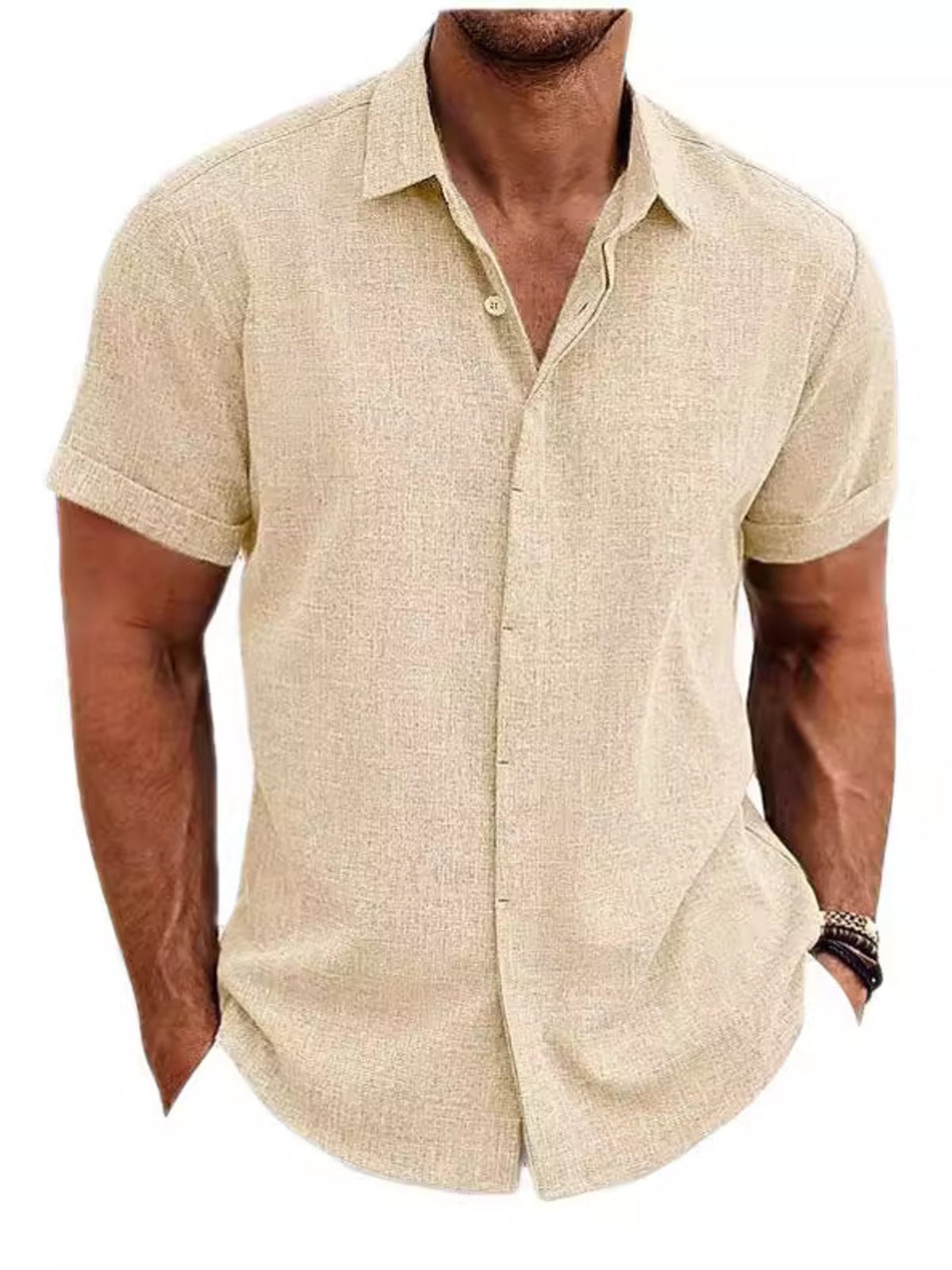 Men's khaki short-sleeve button-down shirt with collar and button front