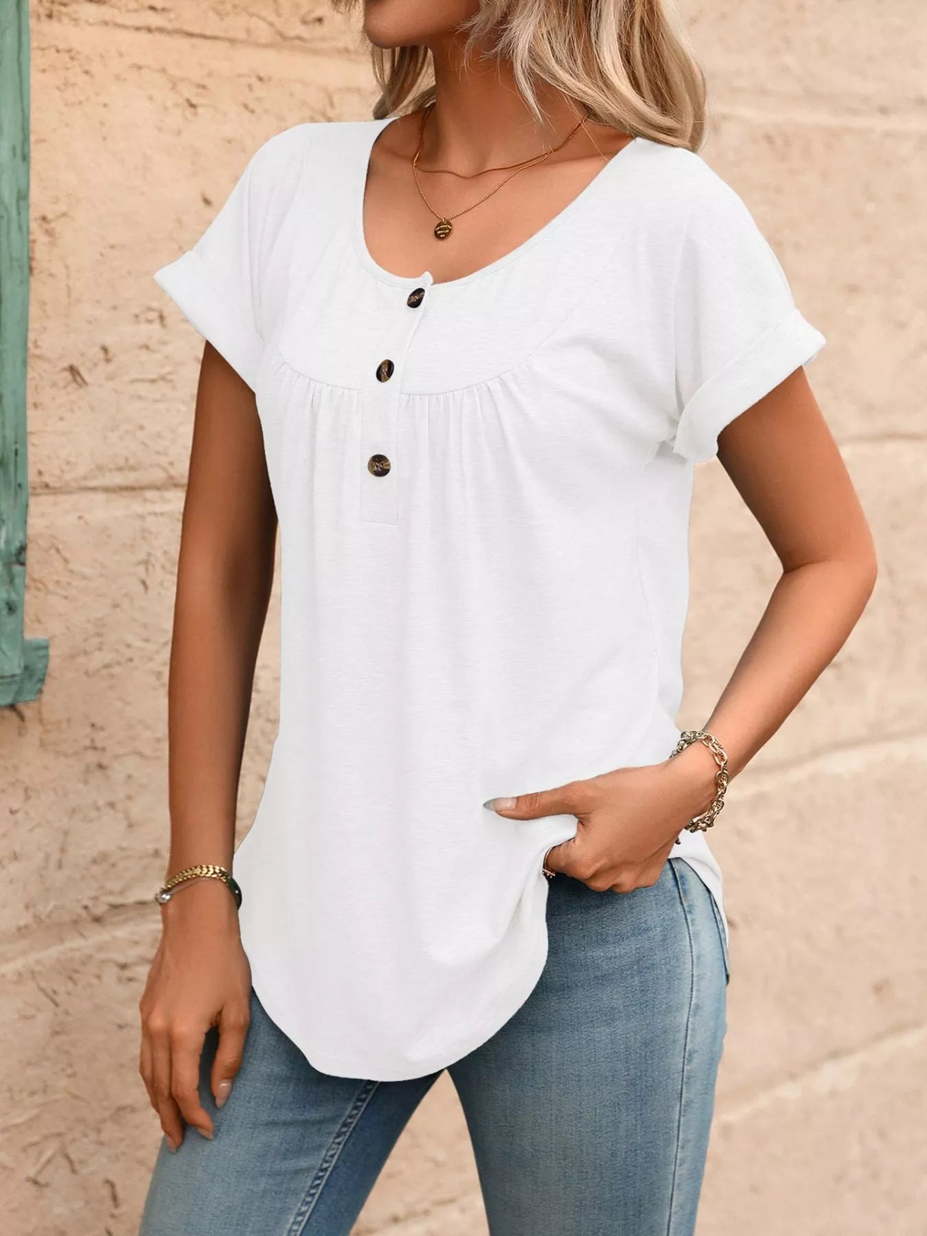 White henley button detail short-sleeve T-shirt with curved neckline and front button placket