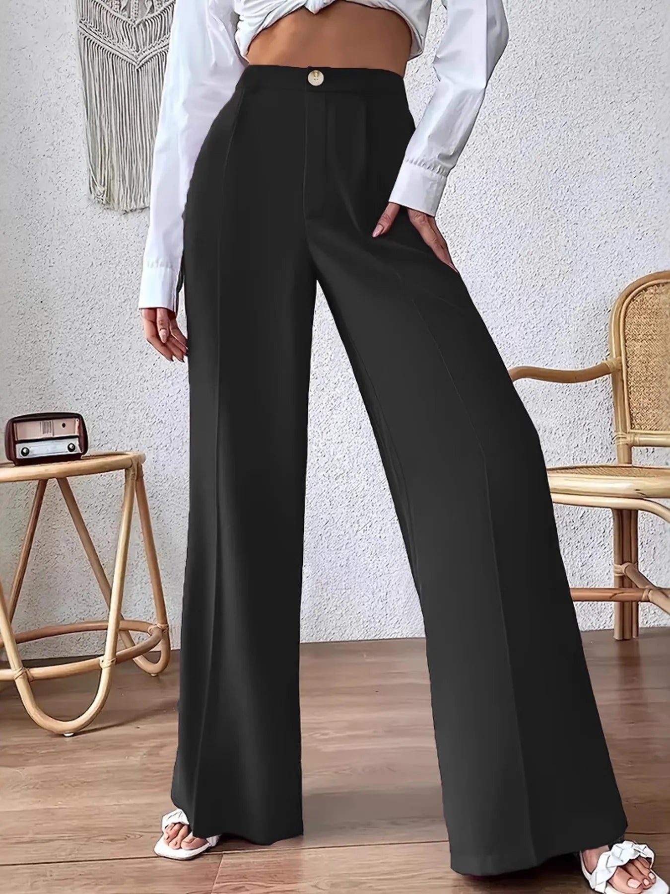 Black high-waist wide-leg pants with front button