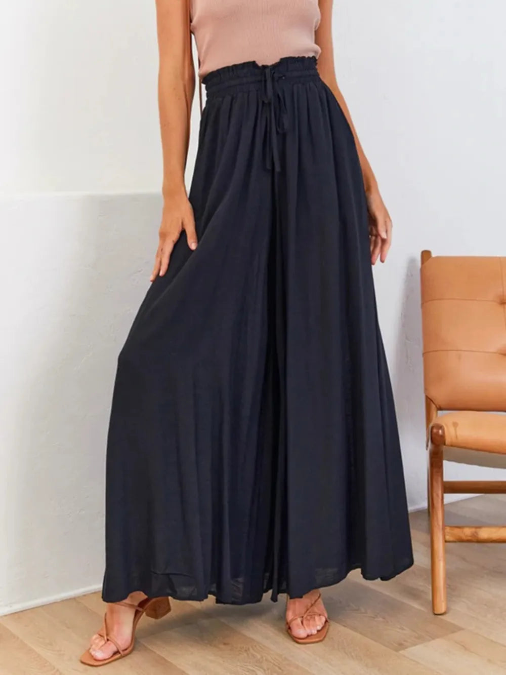 High waist wide leg pants in dark navy with elastic drawstring waist and full length legs
