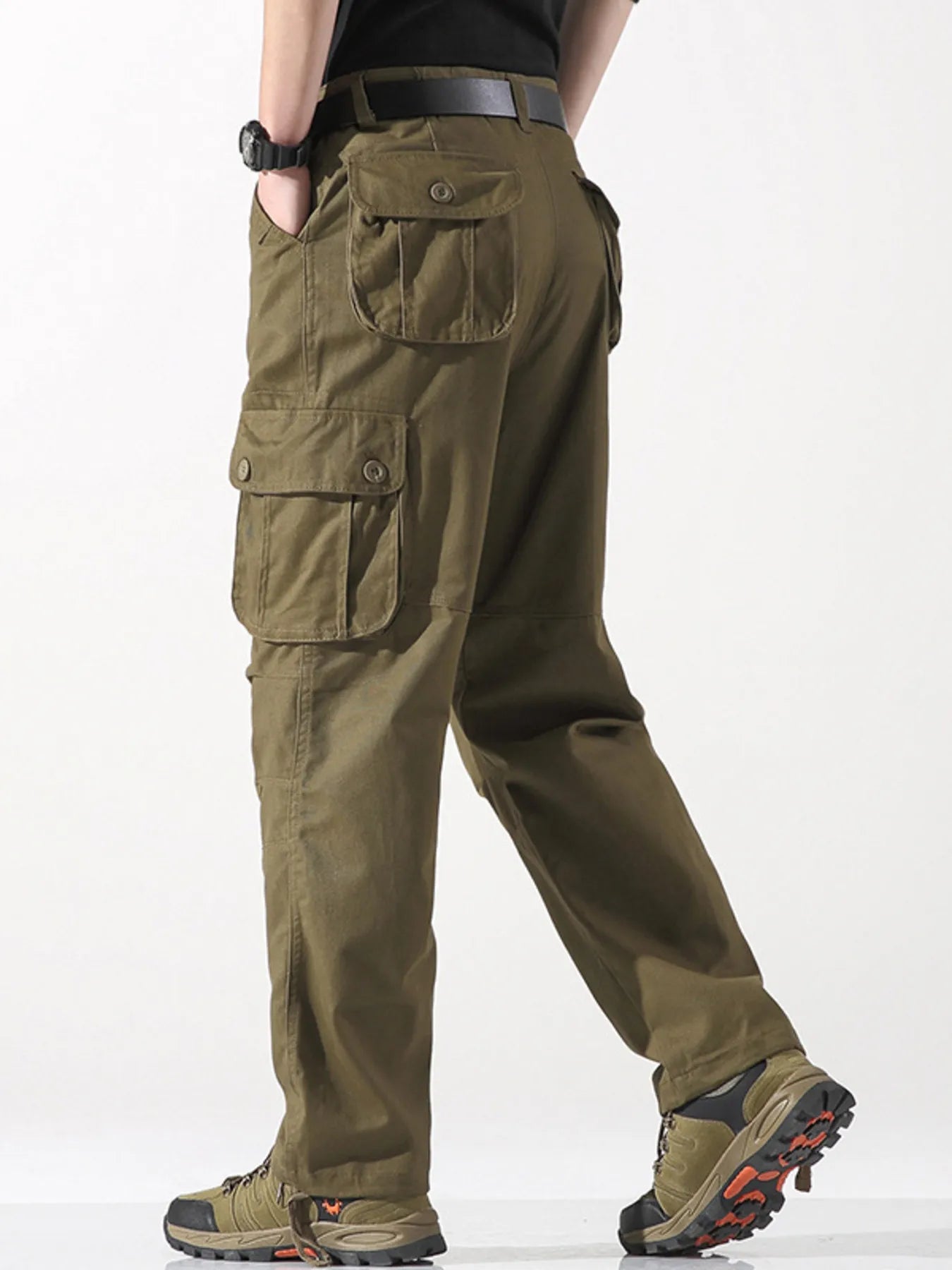 Wide leg cargo pants in olive green with flap cargo pockets and belt