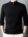 Black quarter-zip long-sleeve sweater with ribbed cuffs and front zipper placket