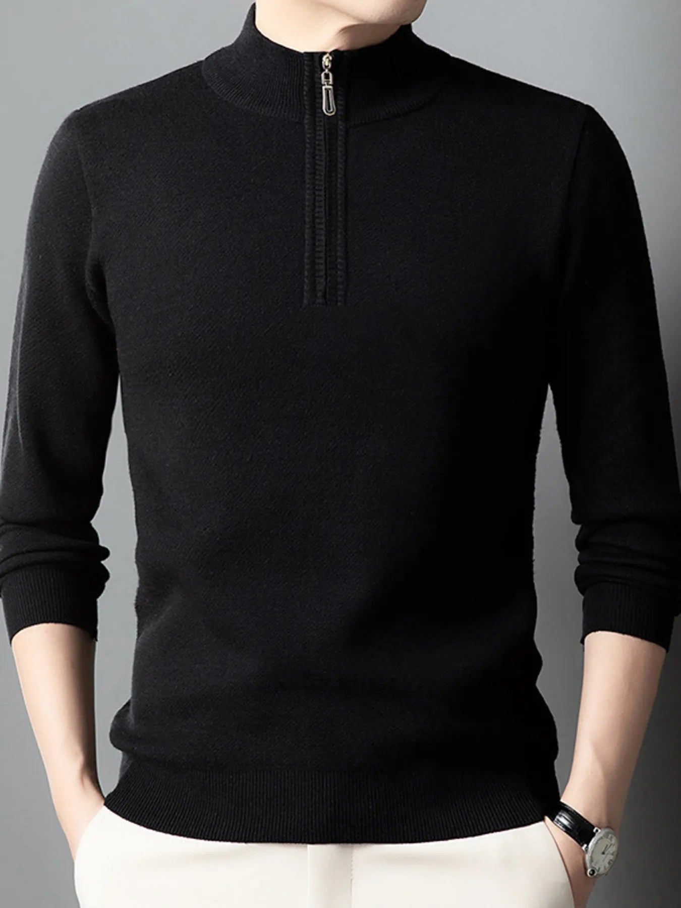 Black quarter-zip long-sleeve sweater with ribbed cuffs and front zipper placket