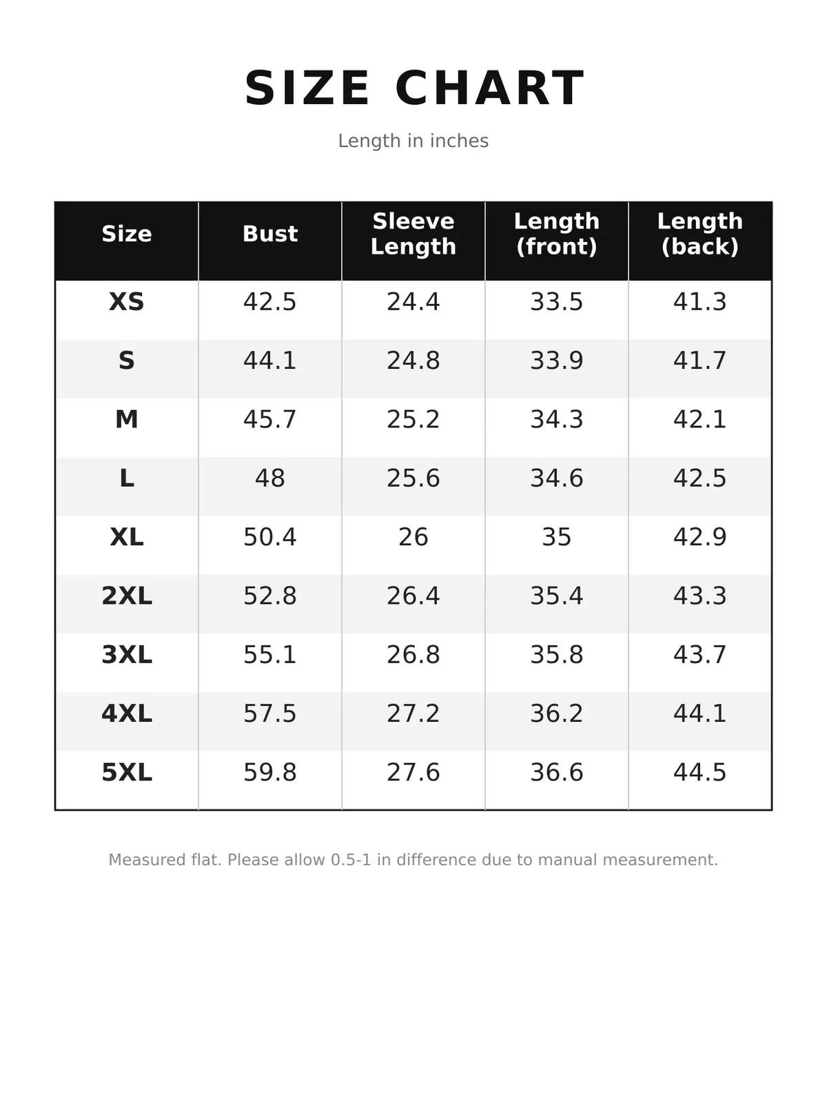 Size chart showing dress measurements for bust, sleeve length, and front/back length
