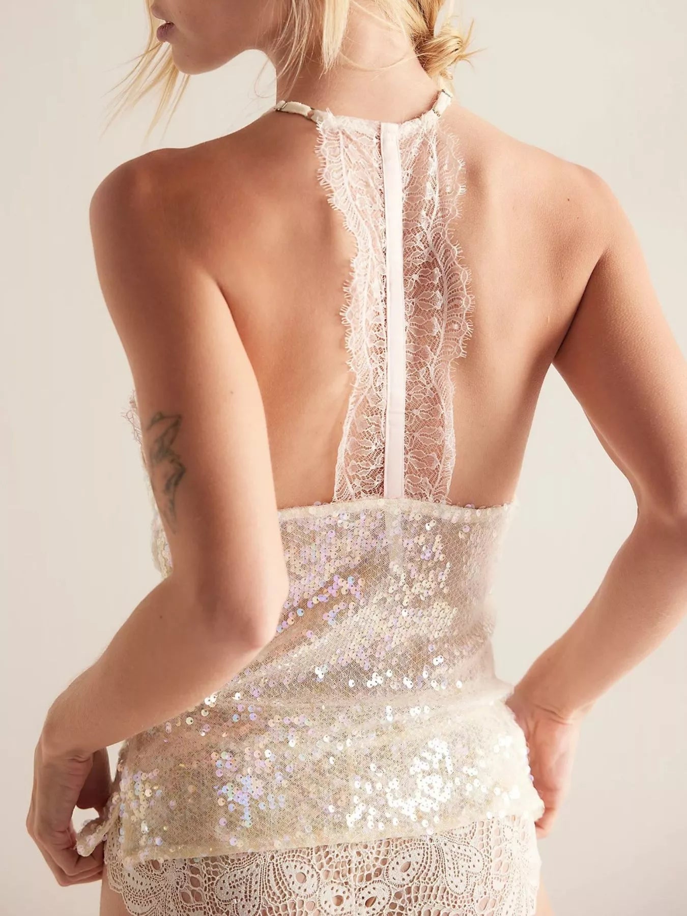 Cedar & Moore Sequin Lace Trim Halter Neck Cami in champagne by Trendsi