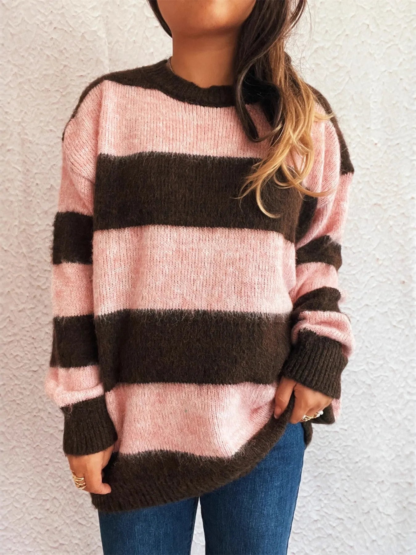 Striped long sleeve sweater in pink and dark brown with wide horizontal bands