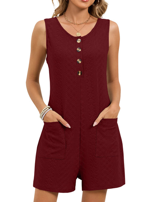 Burgundy sleeveless button-front romper with scoop neck and chest-to-waist buttons
