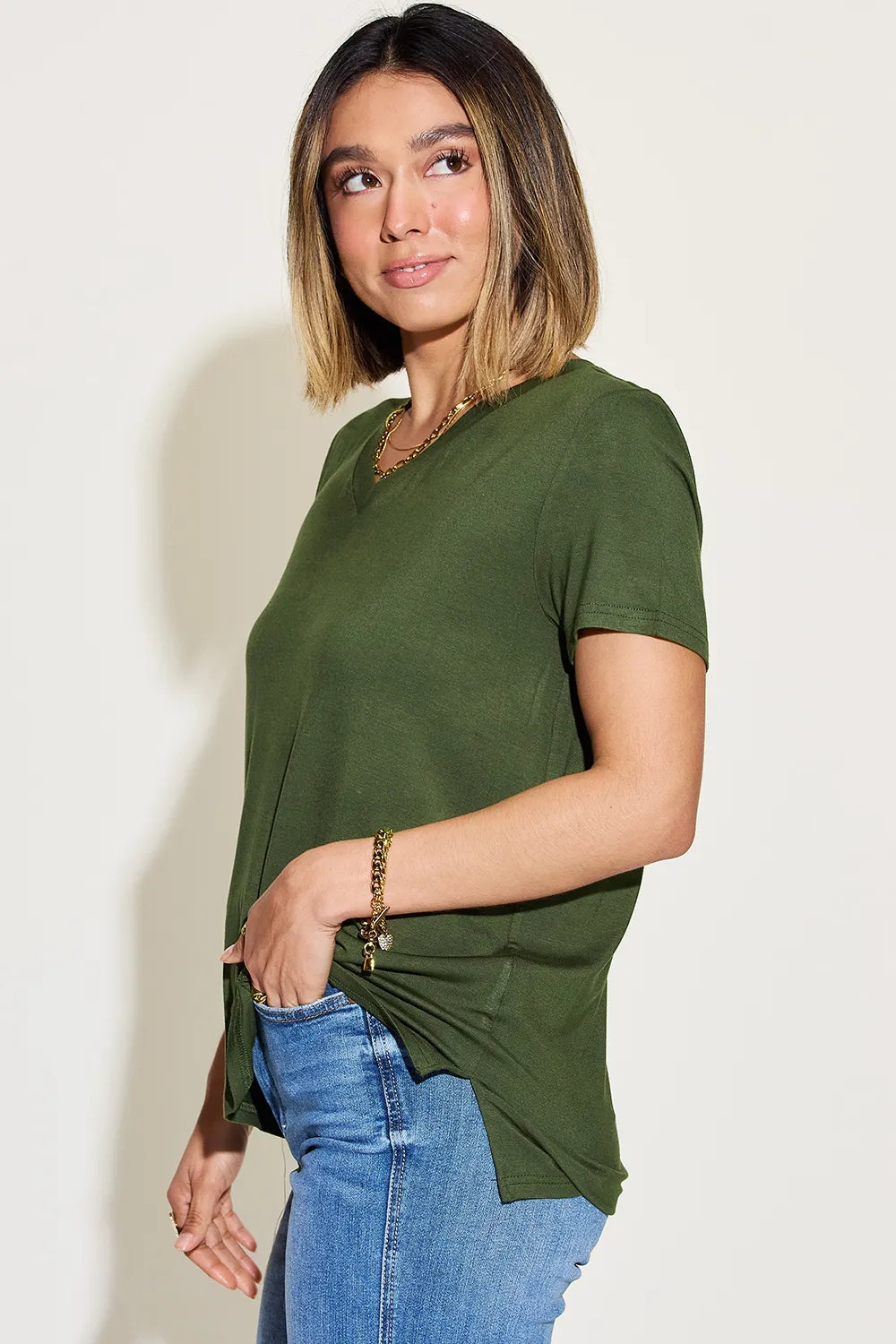 Cedar & Moore Basic Bae Full Size V-Neck High-Low T-Shirt, olive green, Trendsi, side slit