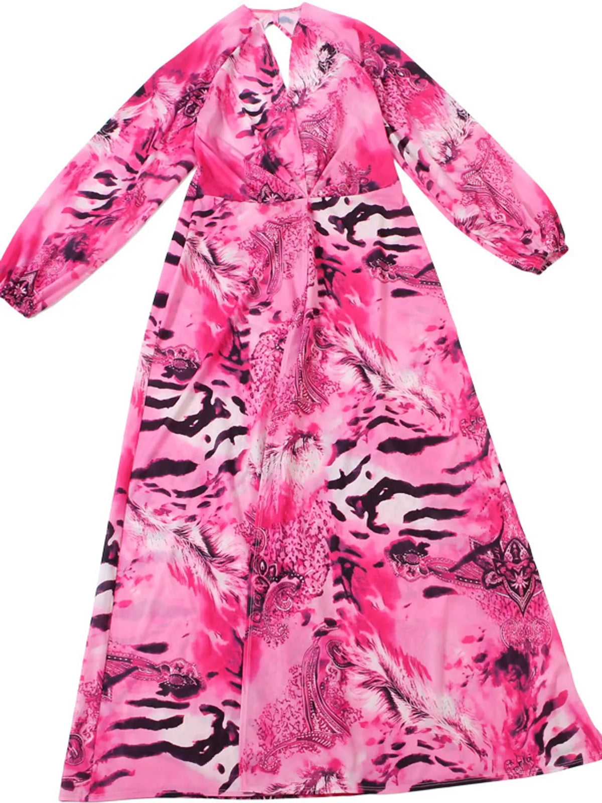 Pink printed maxi dress with deep V back and gathered detailing; long sleeves