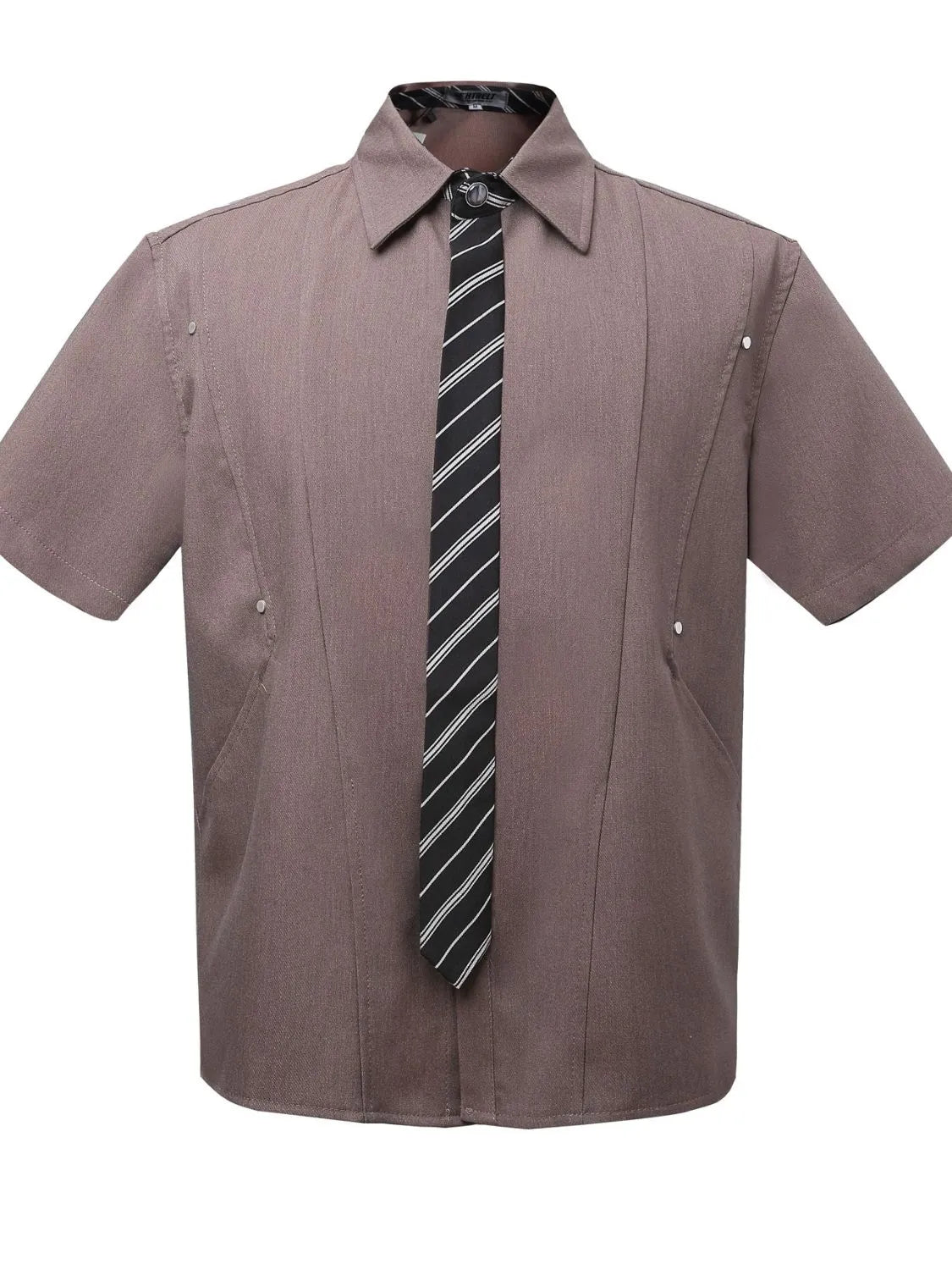 Men's short sleeve shirt with striped necktie, brown button-up