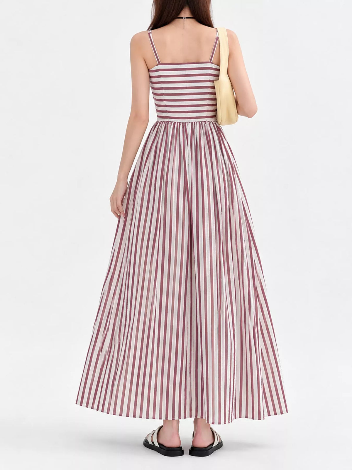 Ruched striped spaghetti-strap maxi dress, red-and-white stripes