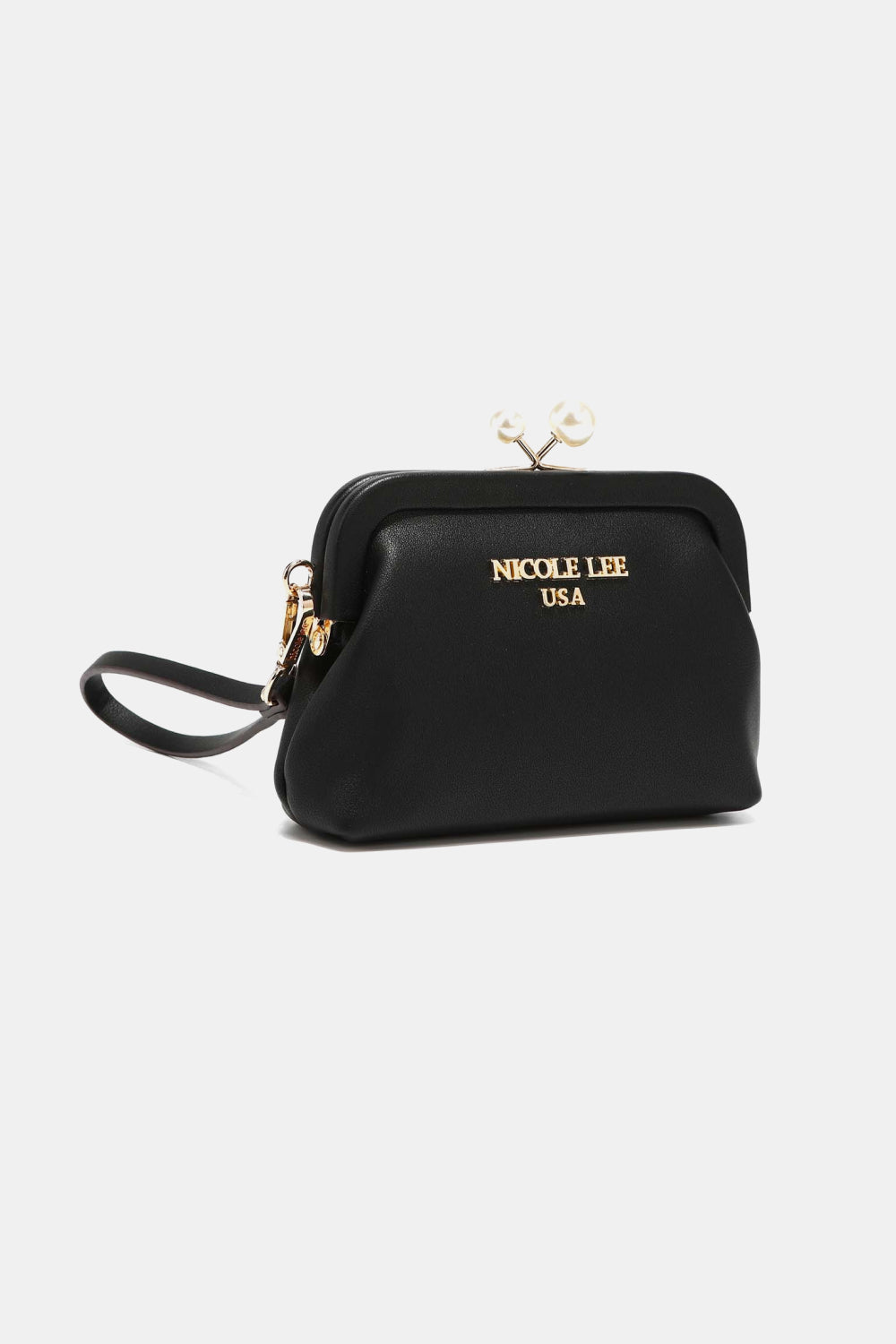 Black pearl coin purse with kiss-lock clasp, wrist strap and gold-tone hardware; Nicole Lee USA