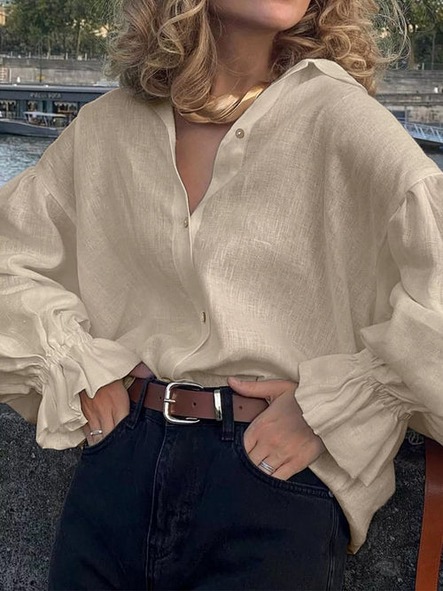 Dust Storm button-down flounce sleeve shirt with gathered puff sleeves