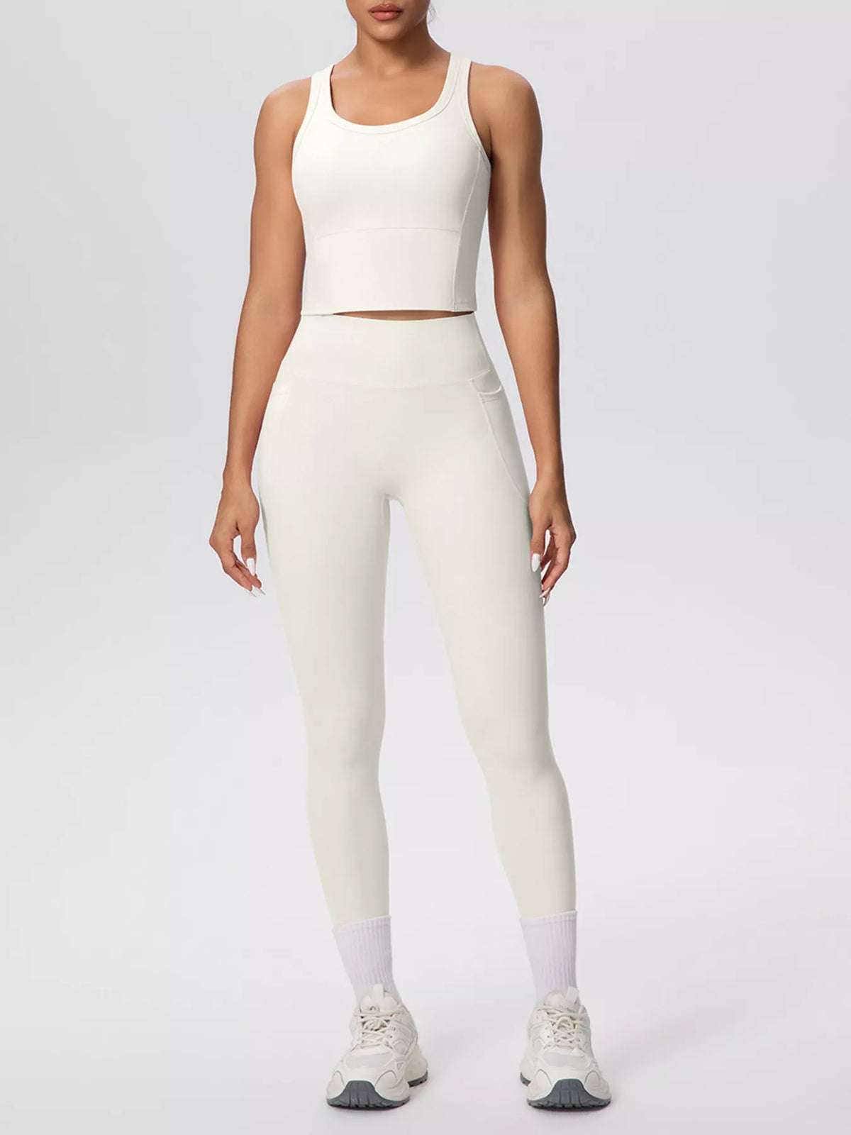Cream scoop-neck cropped tank and high-waist leggings set with ankle-length design