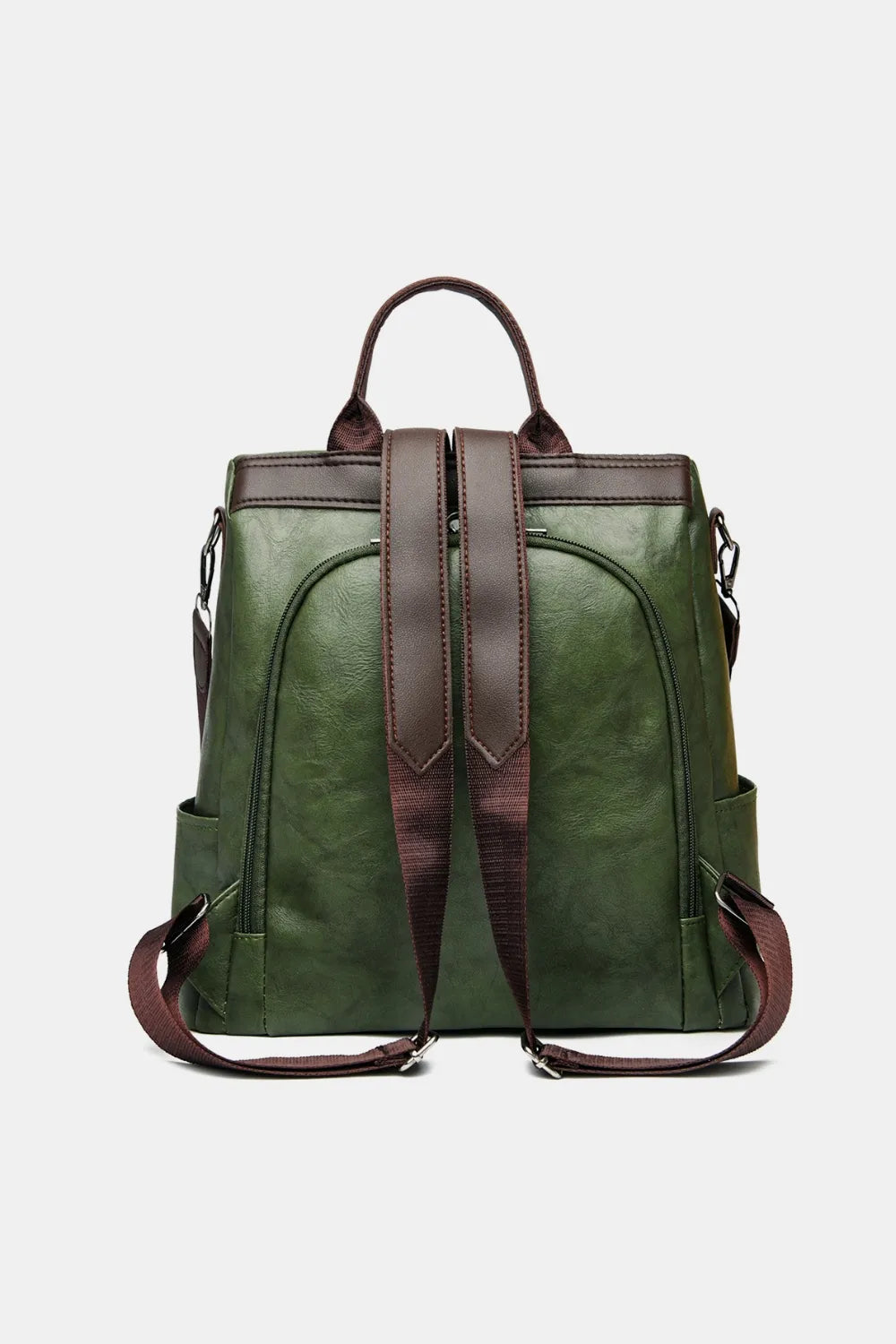 Dark green backpack bag with central vertical strap detail and side zippers