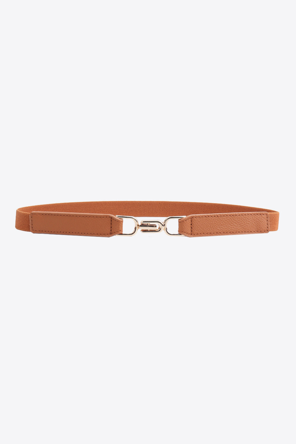 Caramel elastic belt with silver-tone buckle and adjustable keeper tab