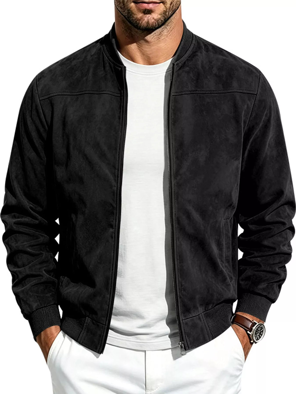 Men's black zip-up suede-style jacket, stand collar, front zipper, classic fit