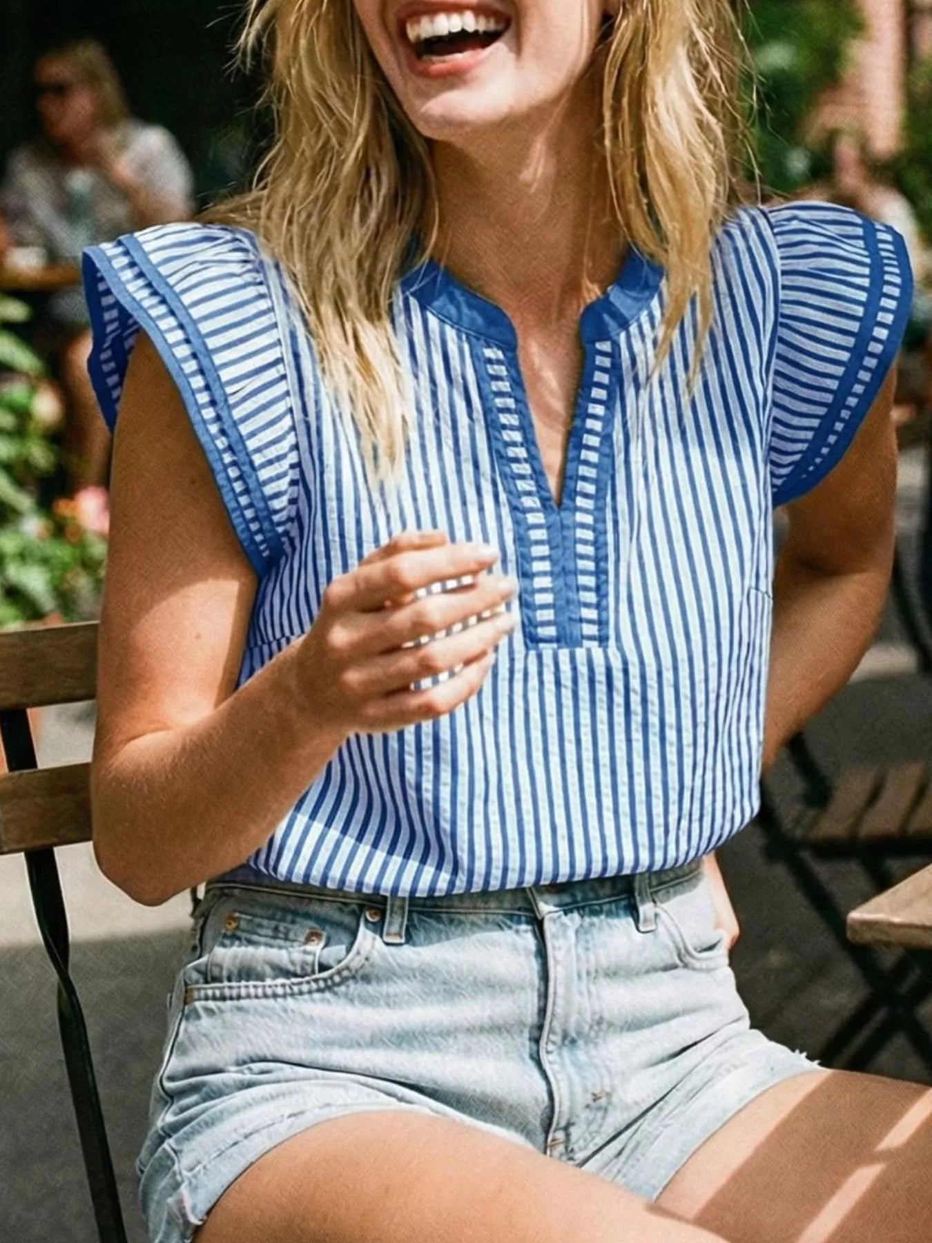 Striped Ruffle Sleeve Blouse by Trendsi in blue and white